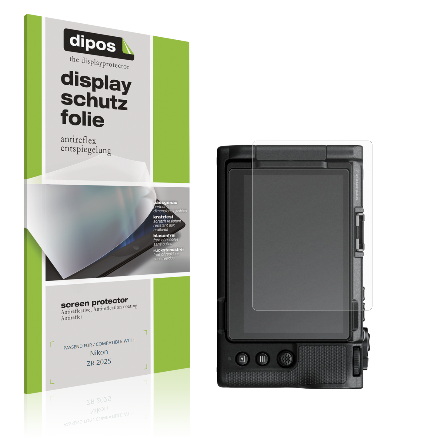 Matte Displayschutzfolie von dipos passend für Nikon ZR 2025, präziser Zuschnitt und blasenfrei montiert