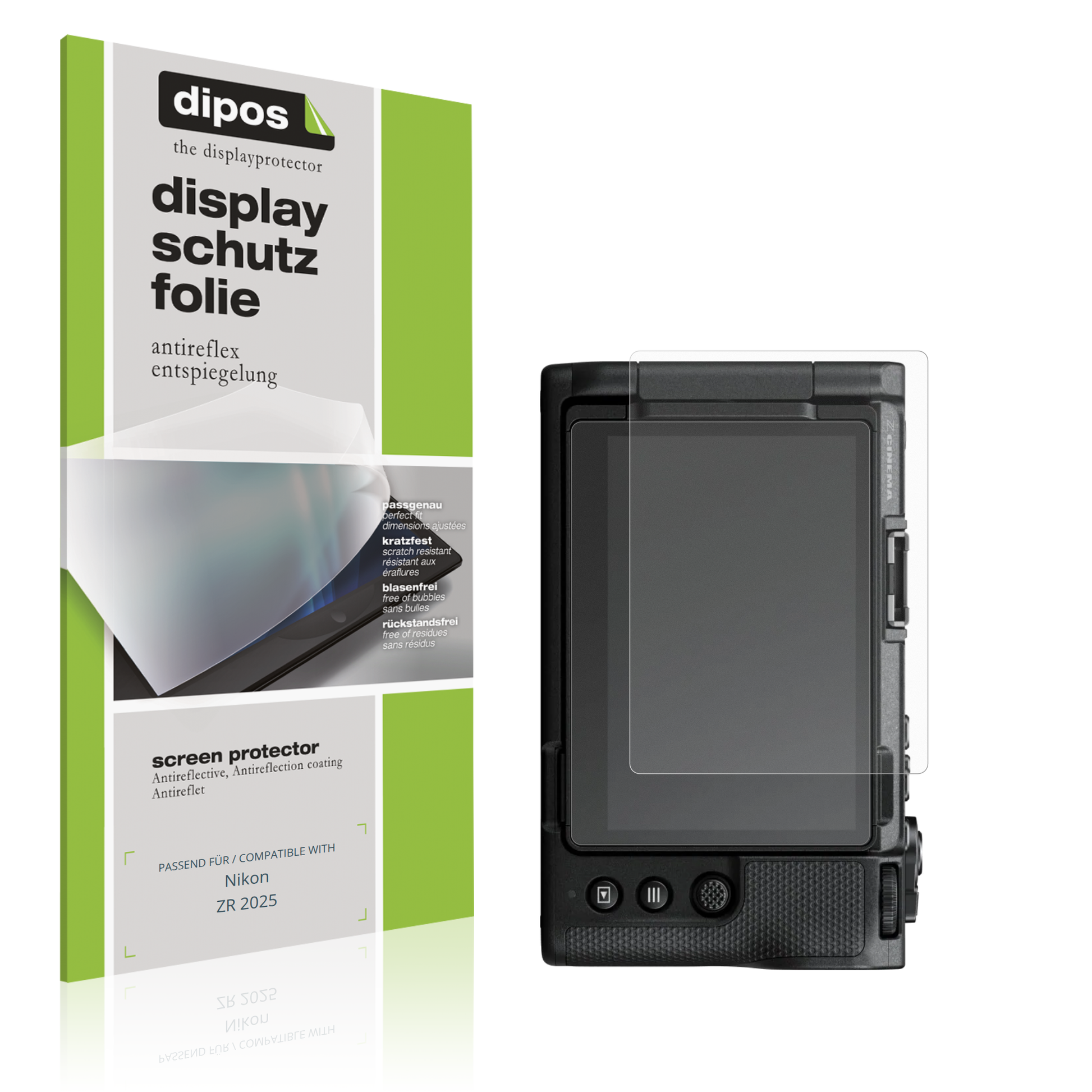 Matte Displayschutzfolie von dipos passend für Nikon ZR 2025, präziser Zuschnitt und blasenfrei montiert