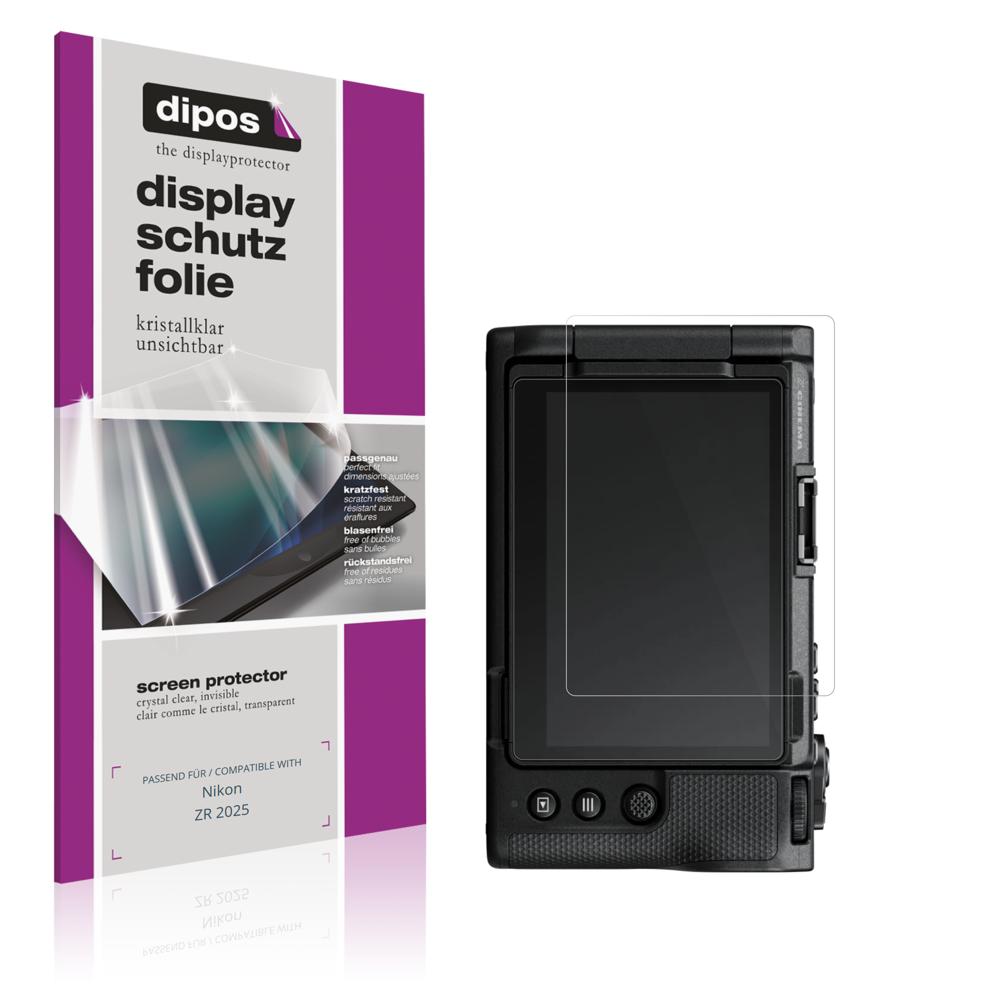 Klare Displayschutzfolie von dipos passend für Nikon ZR 2025, präziser Zuschnitt und blasenfrei montiert