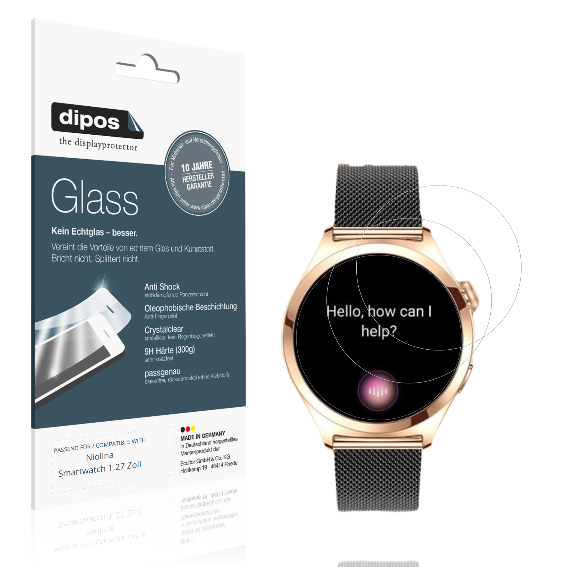 Klare Displayschutzfolie von dipos passend für Niolina Smartwatch 1.27 Zoll, 9H kratzfest und blasenfrei montiert