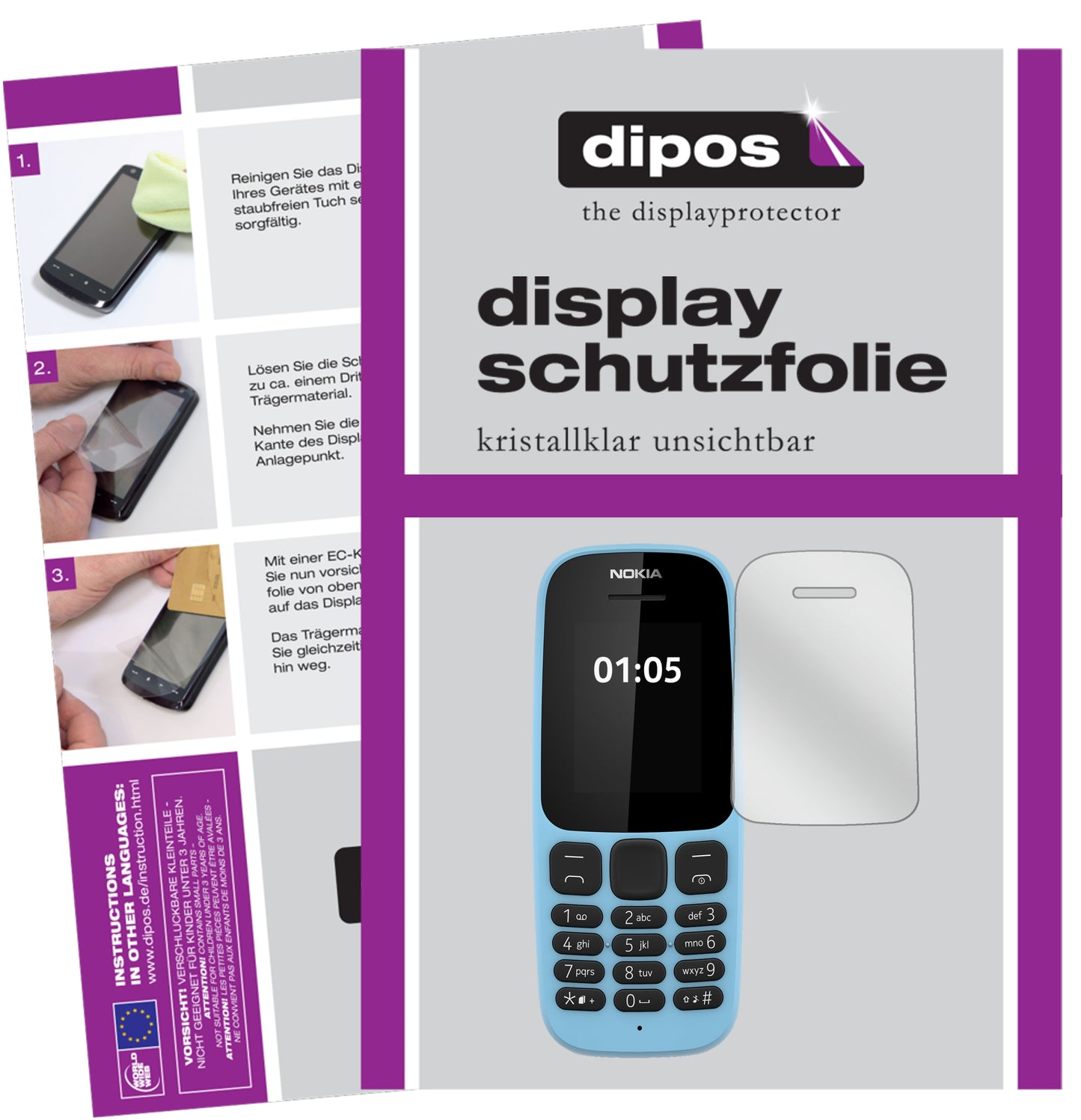 Klare Displayschutzfolie von dipos passend für Nokia 105 (2019), präziser Zuschnitt und blasenfrei montiert