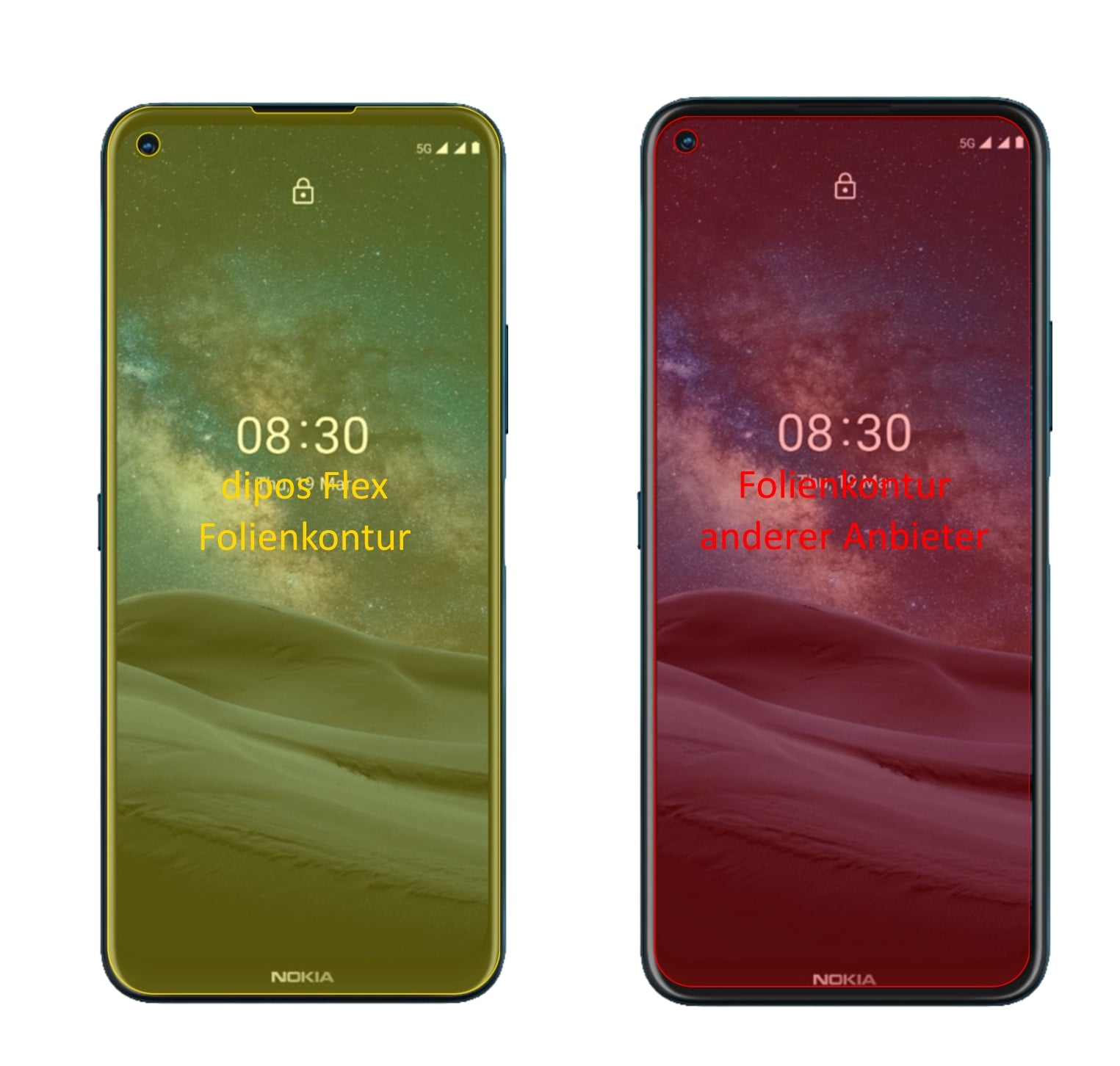 Nokia46089 mit aufgebrachter dipos Displayschutzfolie, glasklare Darstellung ohne Einschränkungen