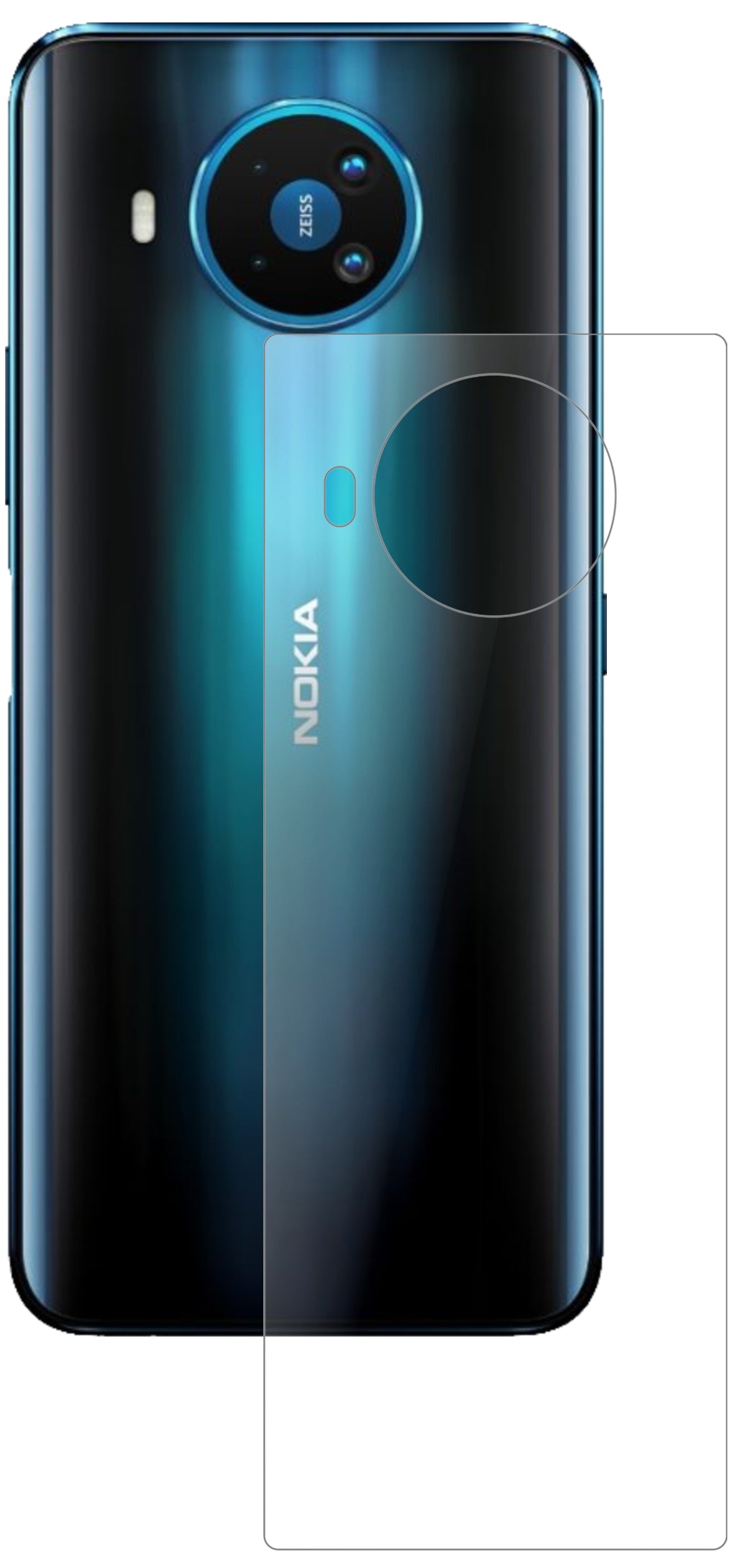 Nokia8.3 Rückseite mit aufgebrachter dipos Panzerfolie, die lästige Fingerabdrücke minimiert