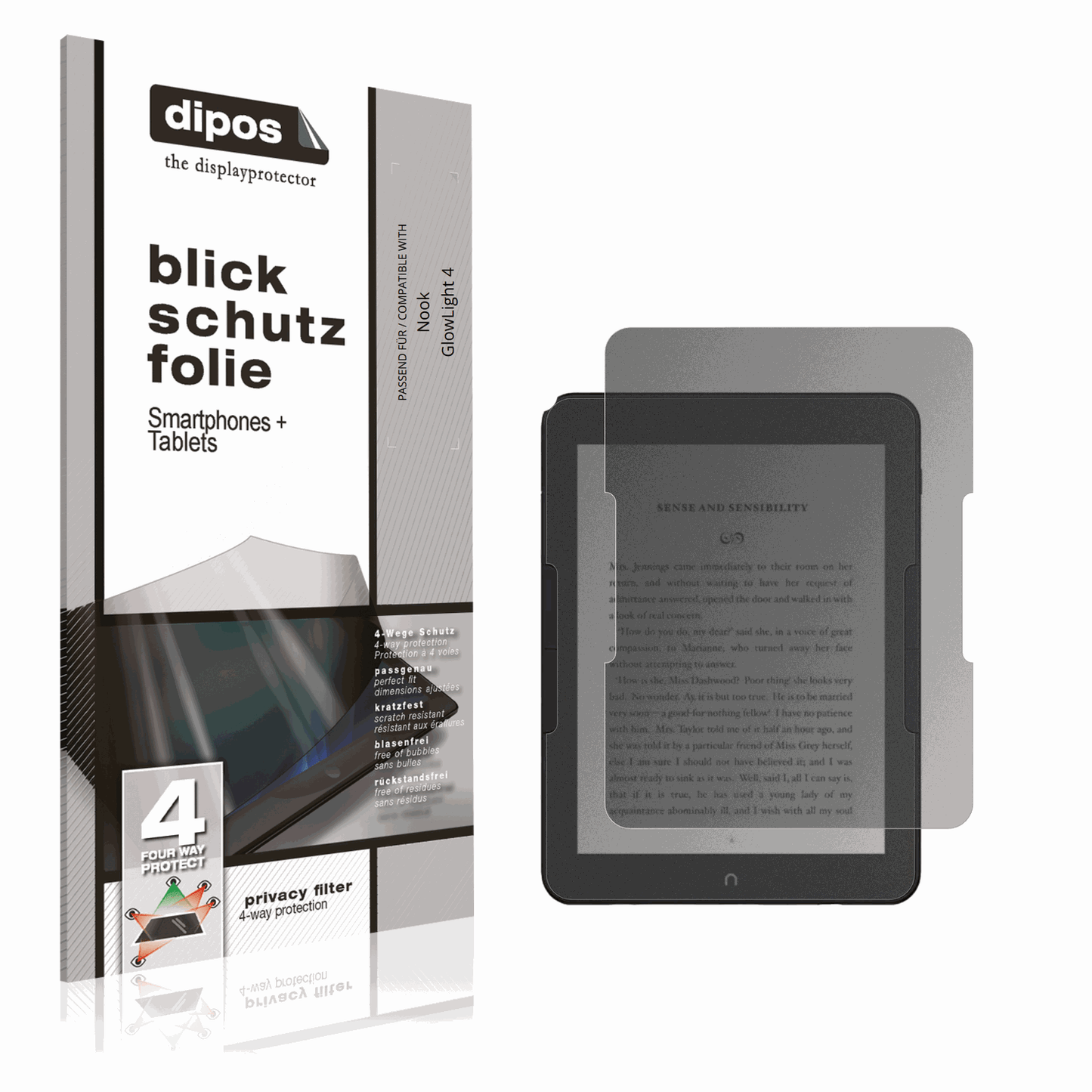 Blickschutzfolie von dipos passend für Nook GlowLight 4, präziser Zuschnitt und blasenfrei montiert