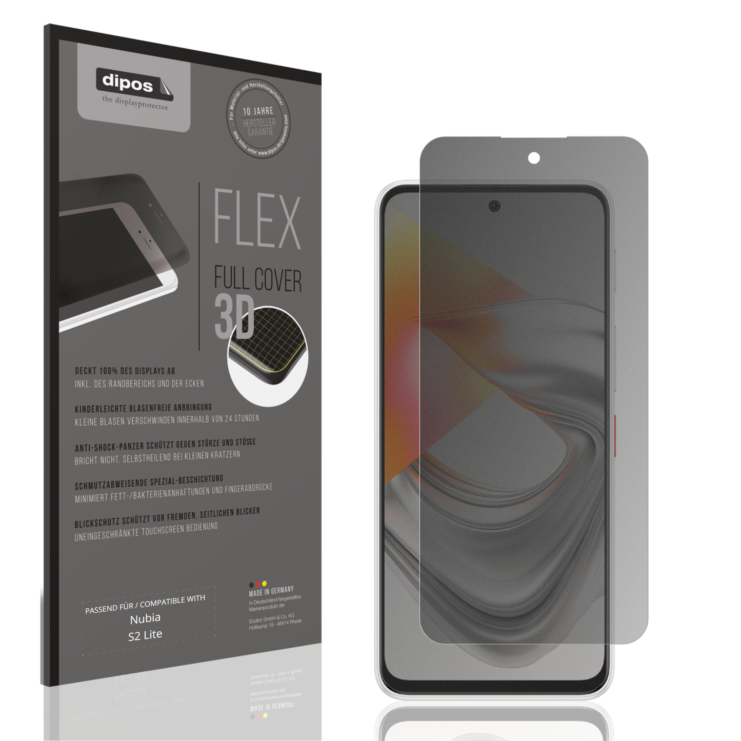 Blickschutzfolie von dipos passend für Nubia S2 Lite, 100% Displayabdeckung und blasenfreie Montage