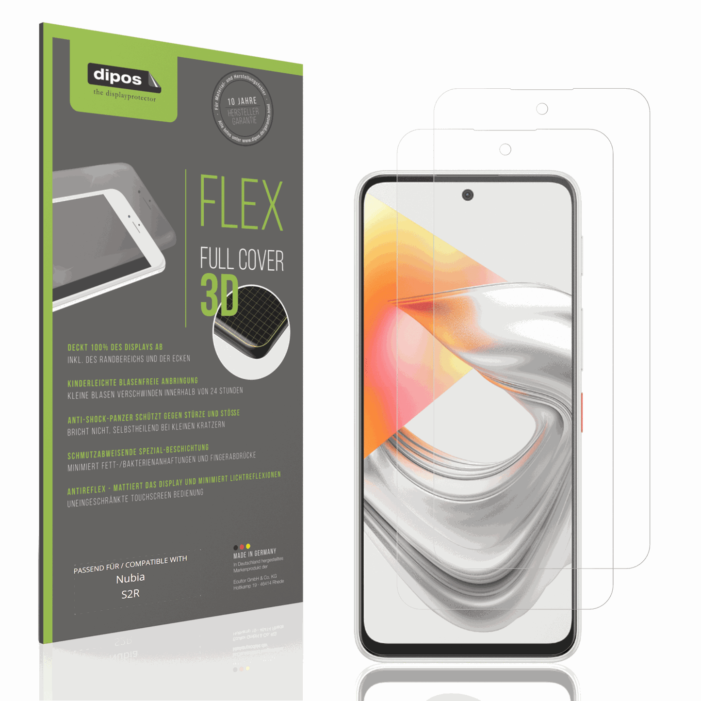 Matte Displayschutzfolie von dipos passend für Nubia S2R, 100% Displayabdeckung und blasenfreie Montage