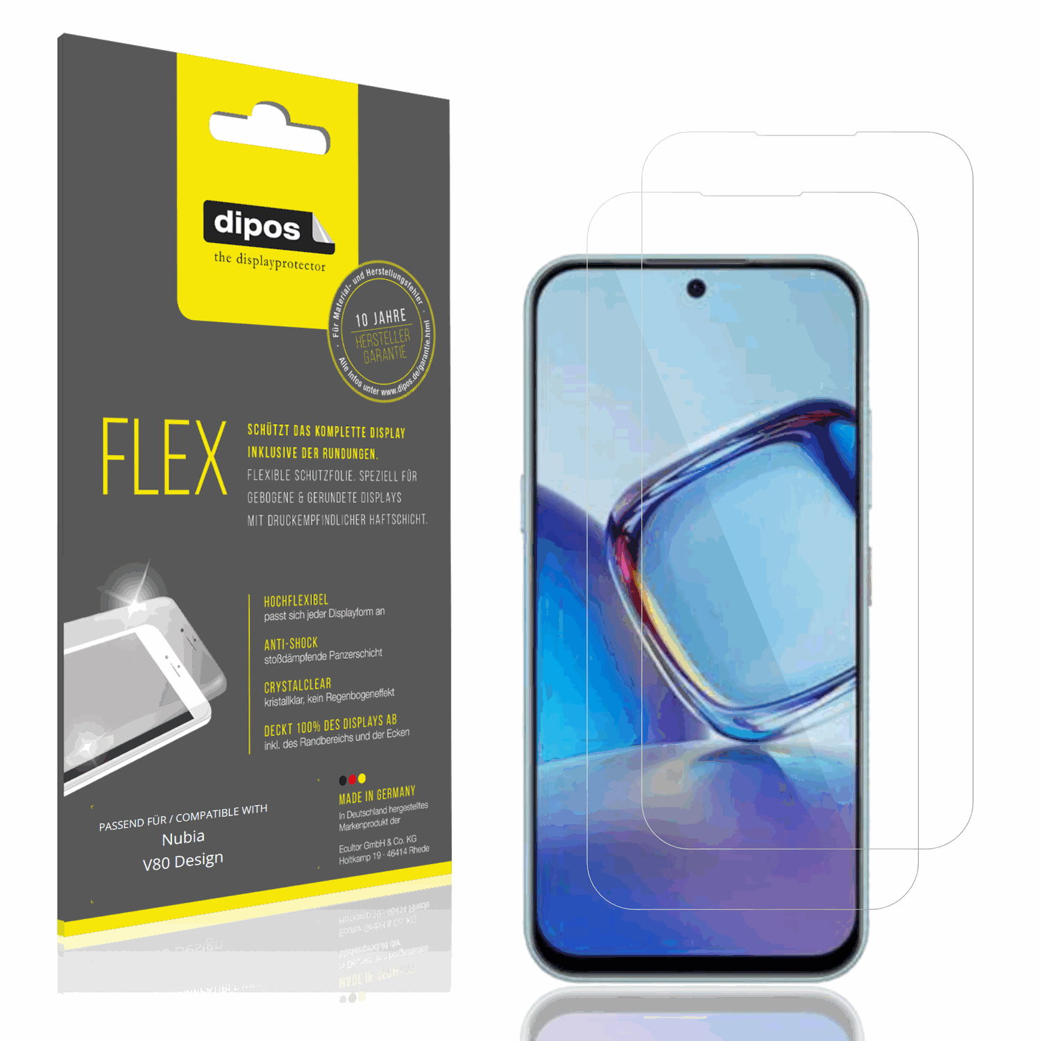 Klare Displayschutzfolie von dipos passend für nubiav80 design, 100% Displayabdeckung und blasenfreie Montage