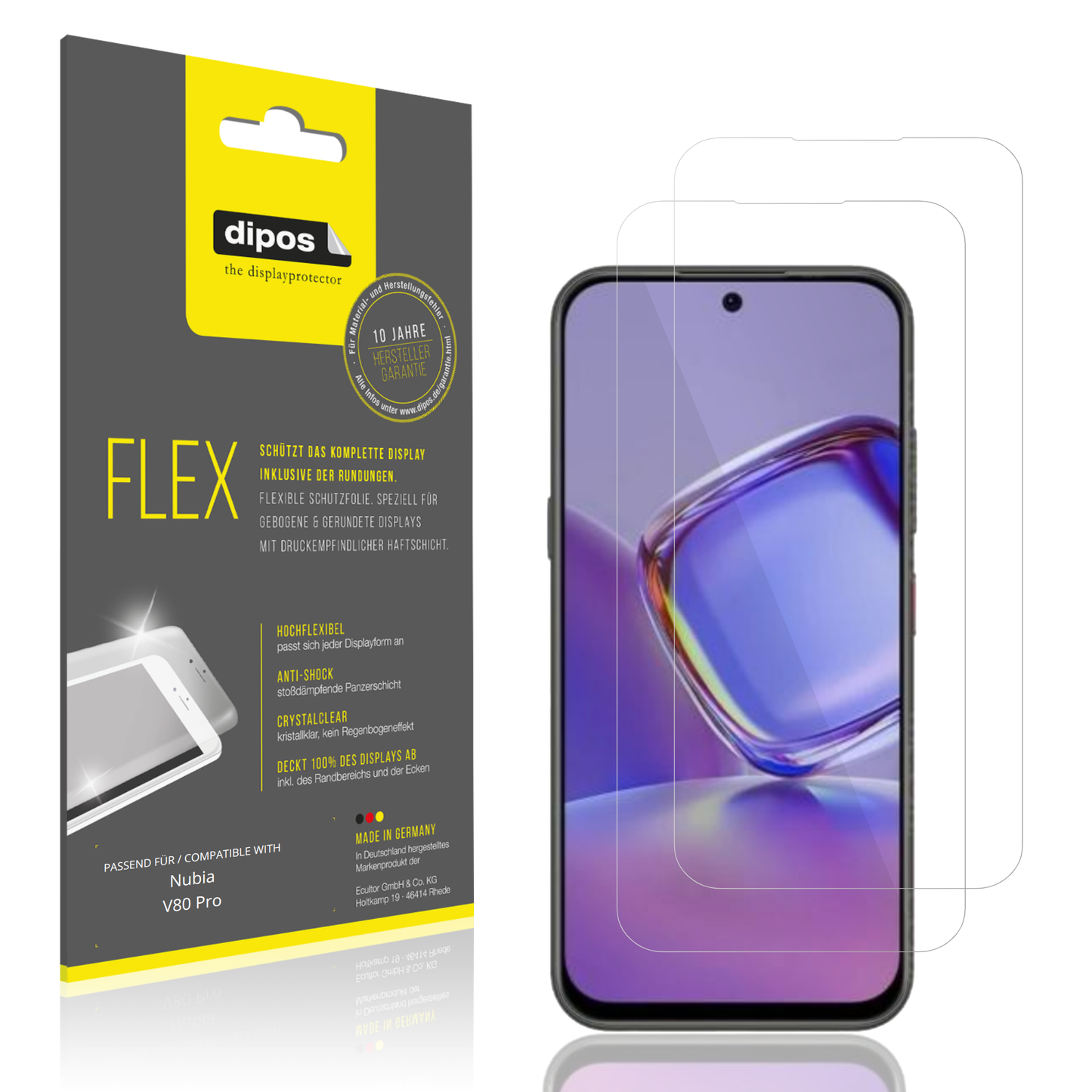 Klare Displayschutzfolie von dipos passend für Nubia V80 Pro, 100% Displayabdeckung und blasenfreie Montage