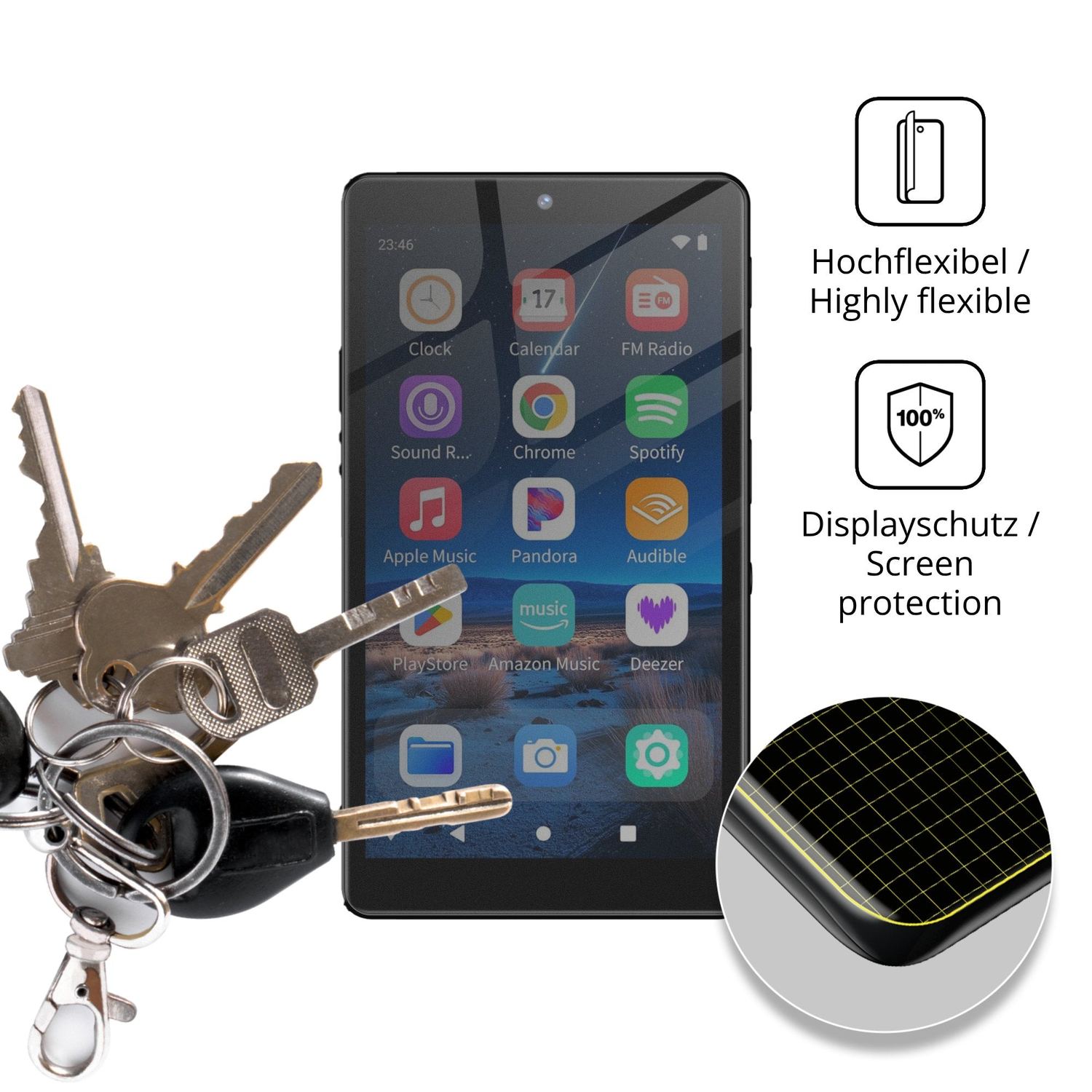 dipos Displayschutz für Oilsky M305 MP3-Player, mit Blickschutzfilter und perfekter Passform auch für die Rundungen