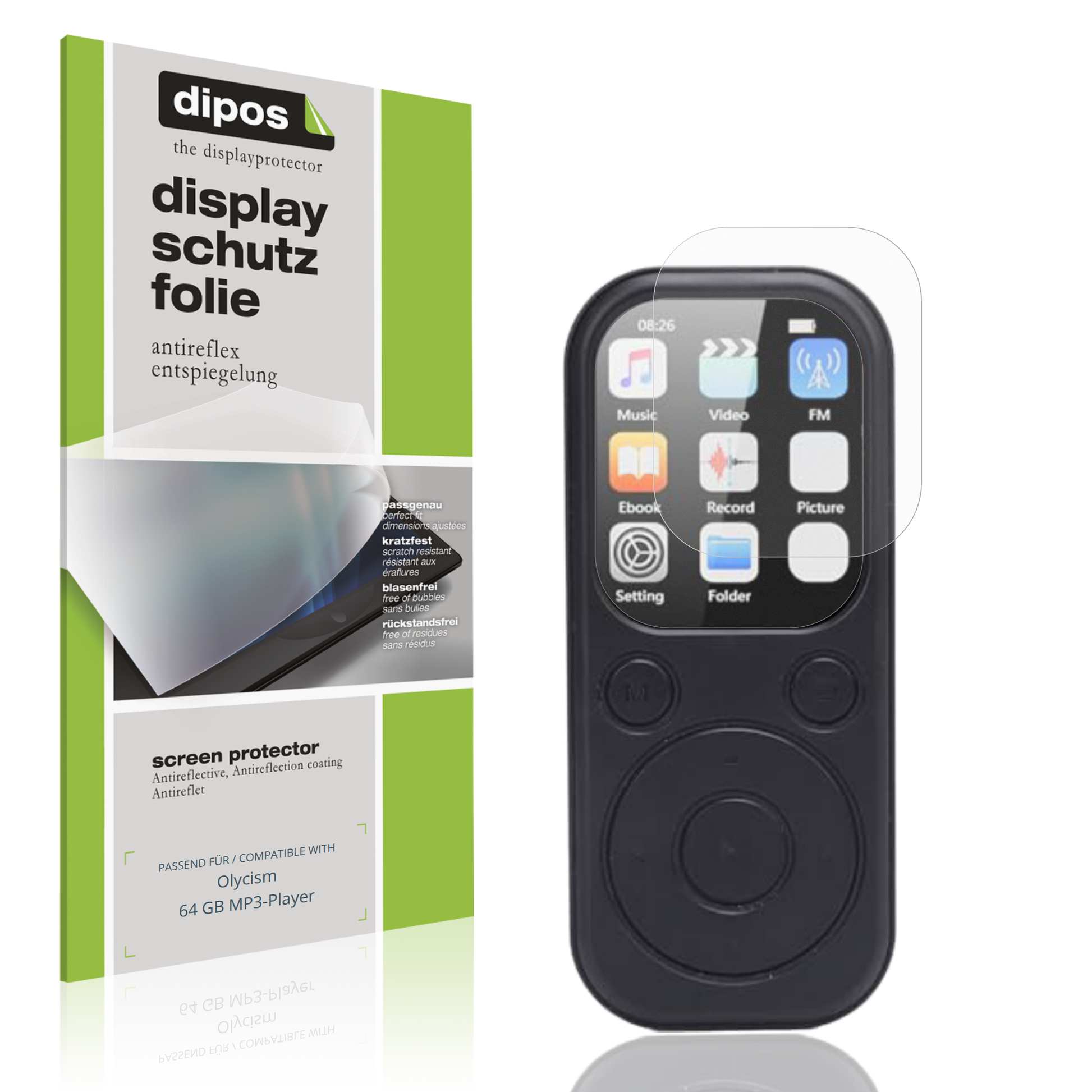 Matte Displayschutzfolie von dipos passend für Olycism 64 GB MP3-Player, präziser Zuschnitt und blasenfrei montiert