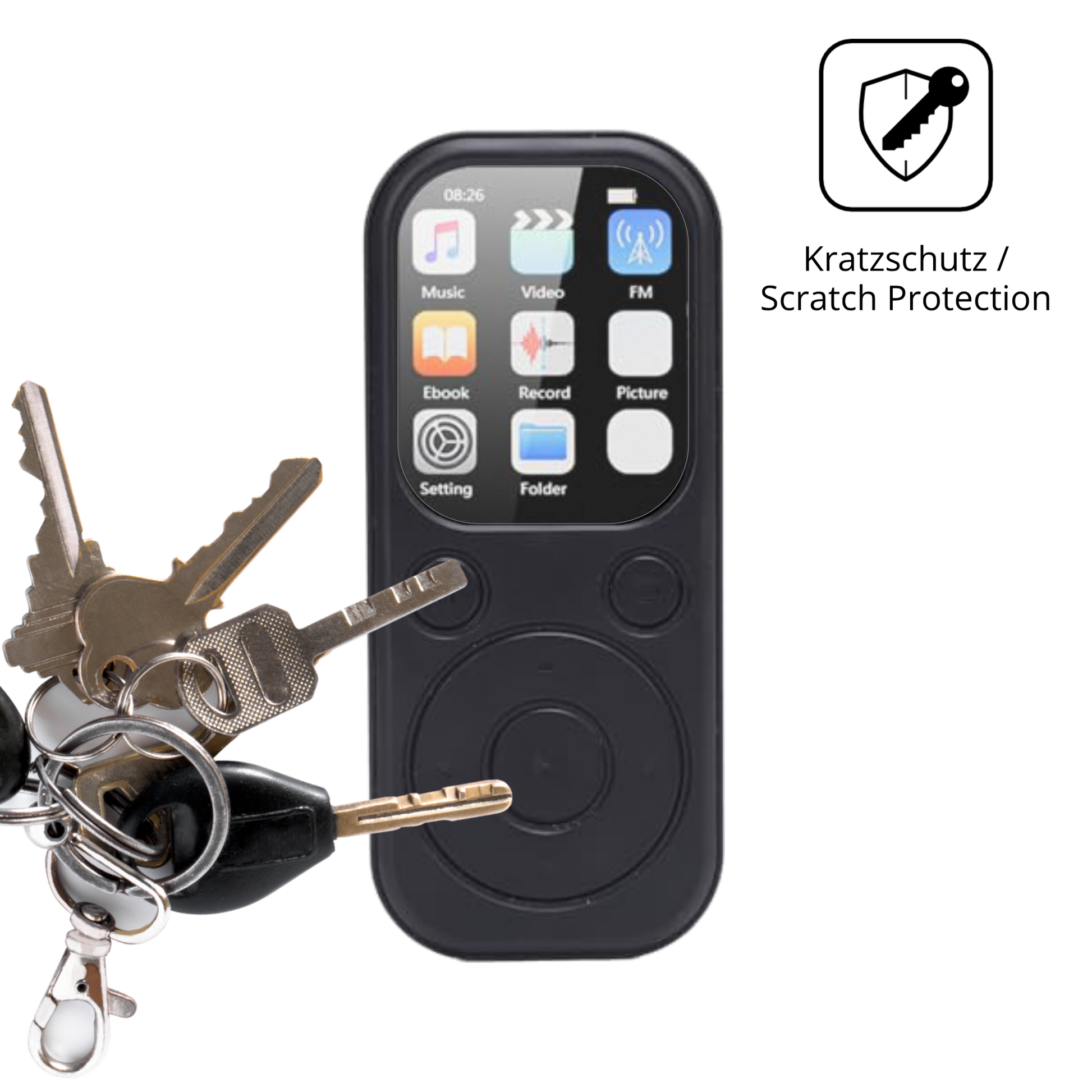 Schutz gegen Kratzer auf dem Olycism 64 GB MP3-Player Glas durch Schlüssel oder Ähnliches