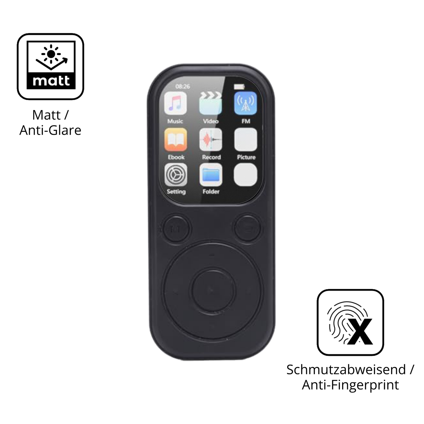 Dünne und entspiegelnde Folie passend zugeschnitten für Olycism 64 GB MP3-Player