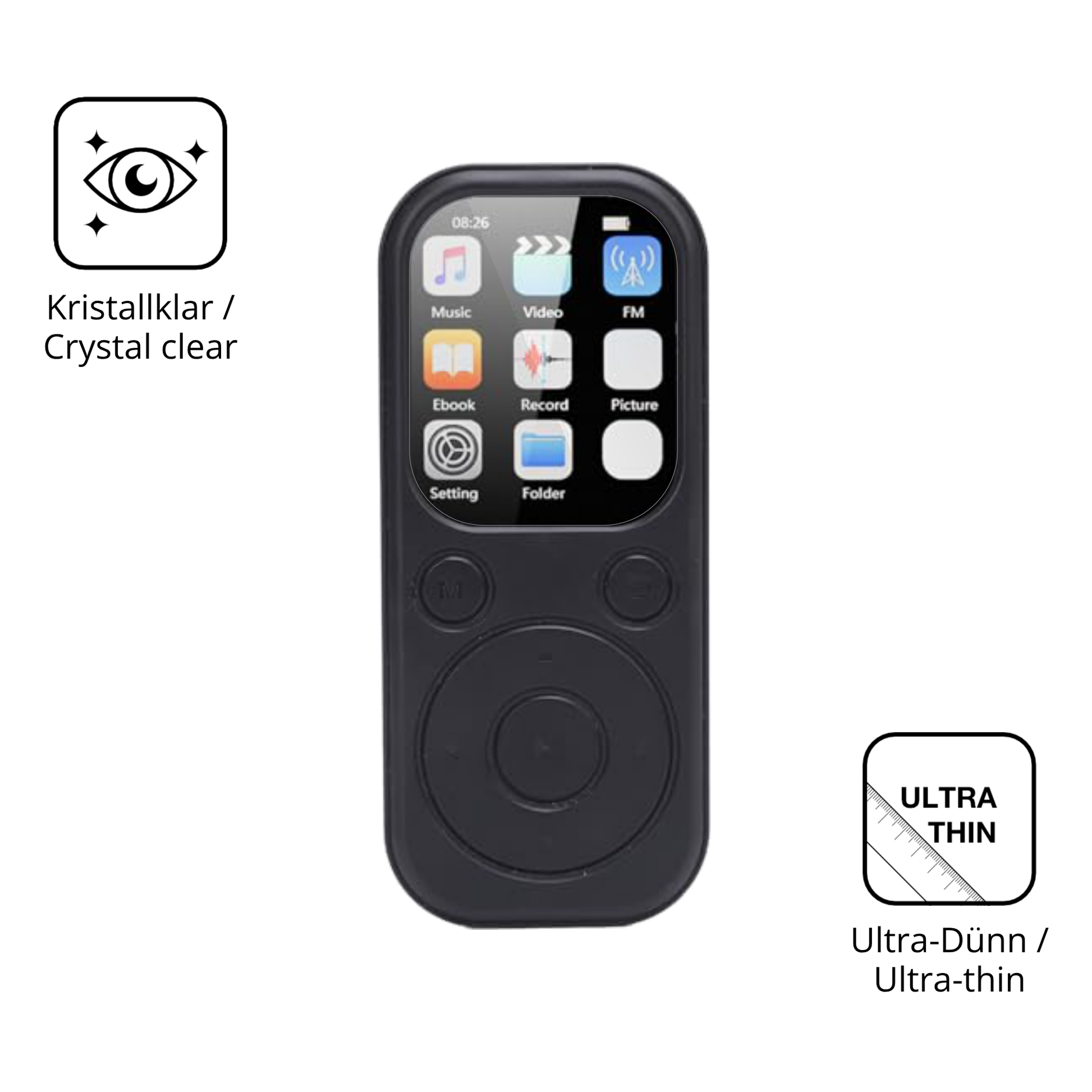 Dünne und klare Folie passend zugeschnitten für Olycism 64 GB MP3-Player