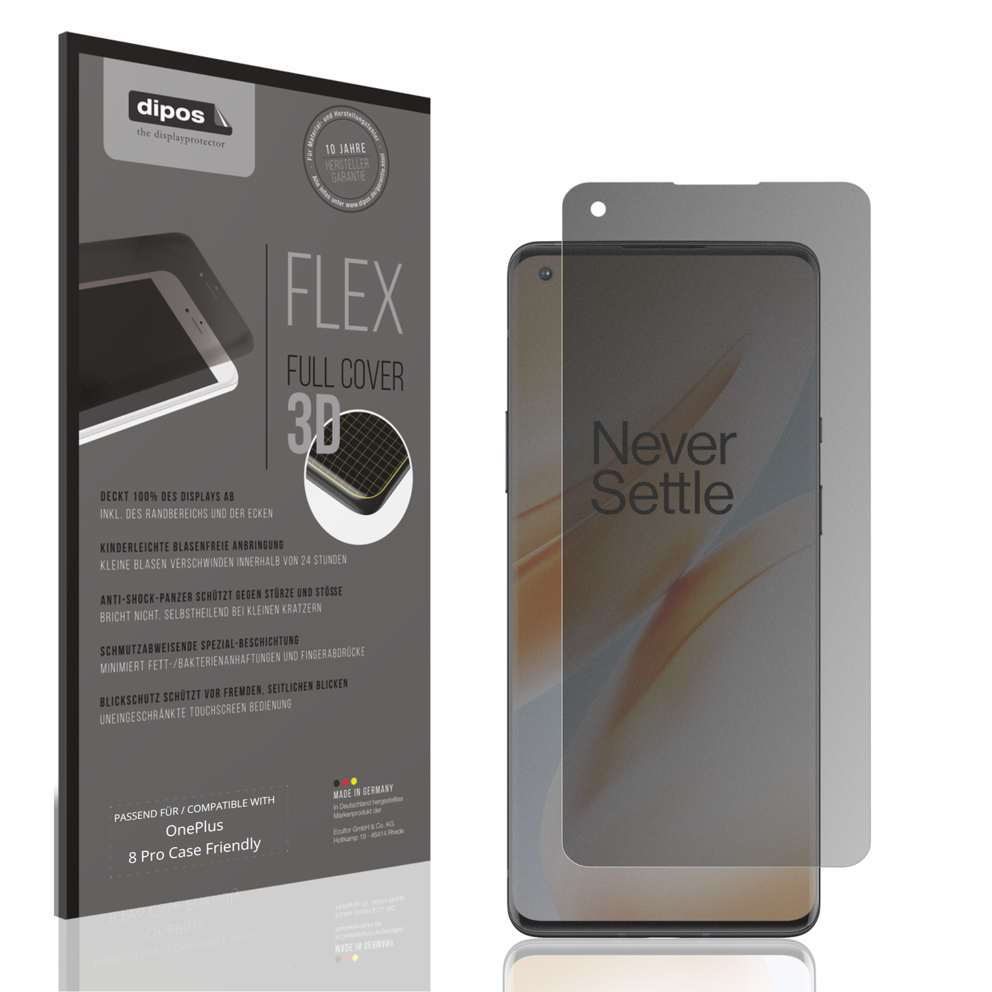 Blickschutzfolie von dipos passend für oneplus8 pro case friendly, 100% Displayabdeckung und blasenfreie Montage