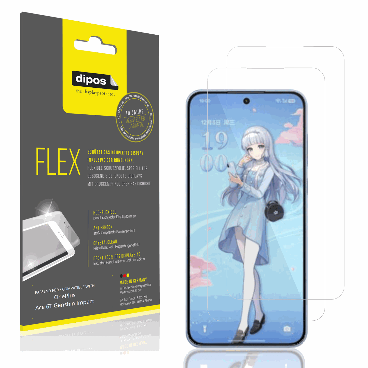 Klare Displayschutzfolie von dipos passend für OnePlus Ace 6T Genshin Impact, 100% Displayabdeckung und blasenfreie Montage