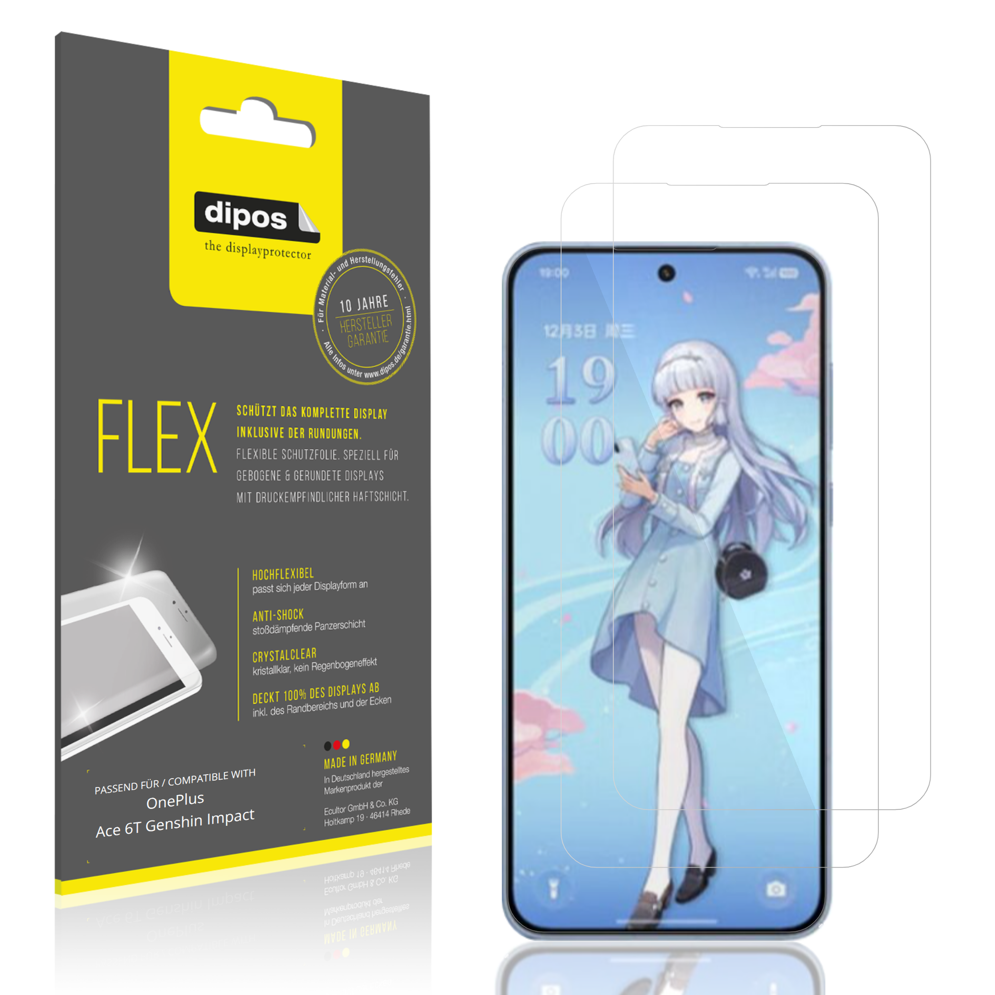 Klare Displayschutzfolie von dipos passend für OnePlus Ace 6T Genshin Impact, 100% Displayabdeckung und blasenfreie Montage