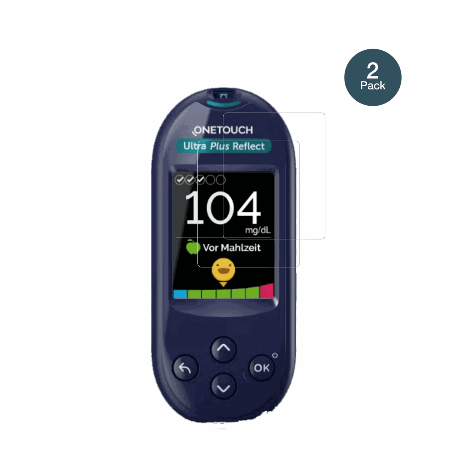 OneTouchUltra Plus Reflect mit aufgebrachter dipos Flex Schutzfolie, glasklare Darstellung ohne Einschränkungen