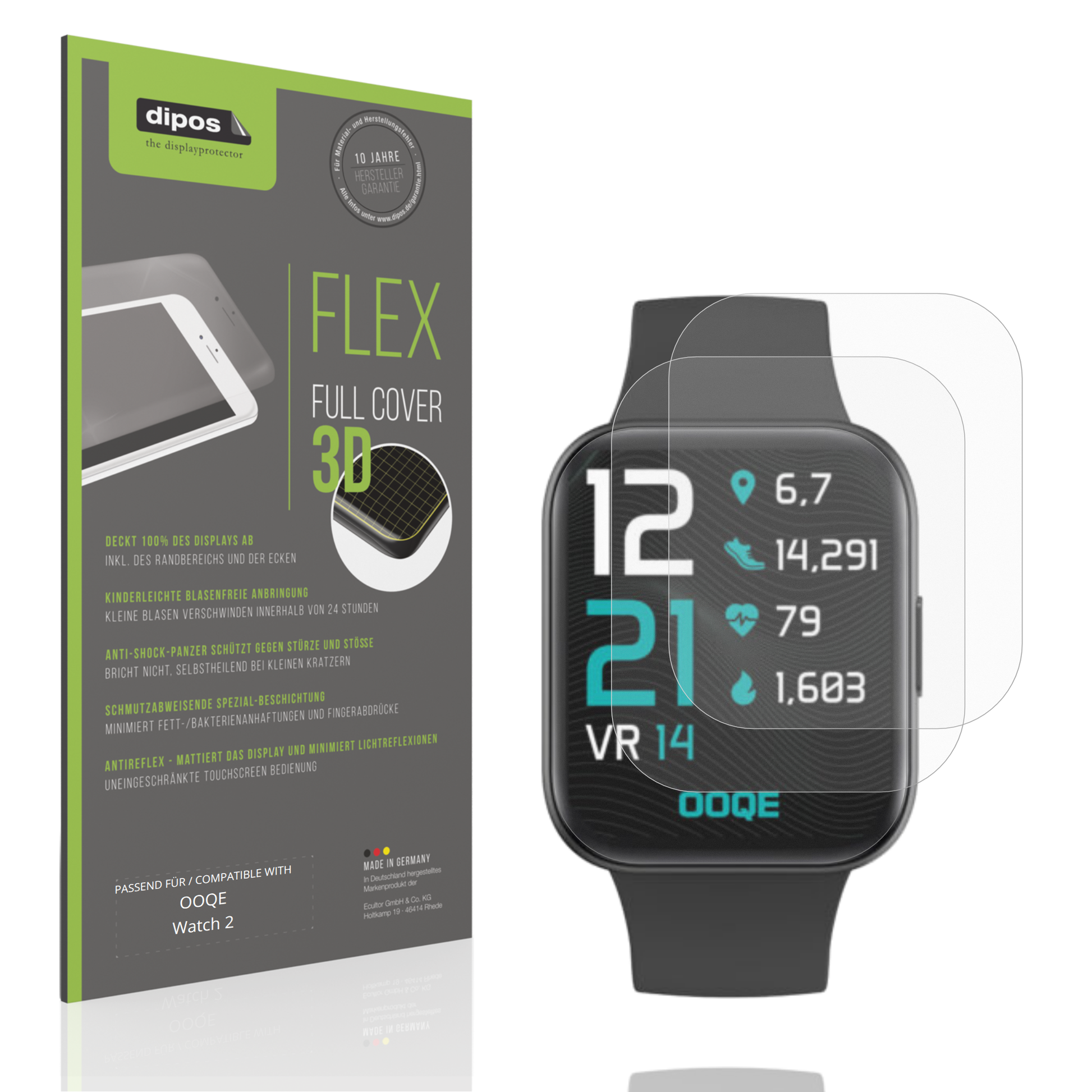 Matte Displayschutzfolie von dipos passend für OOQE Watch 2, 100% Displayabdeckung und blasenfreie Montage