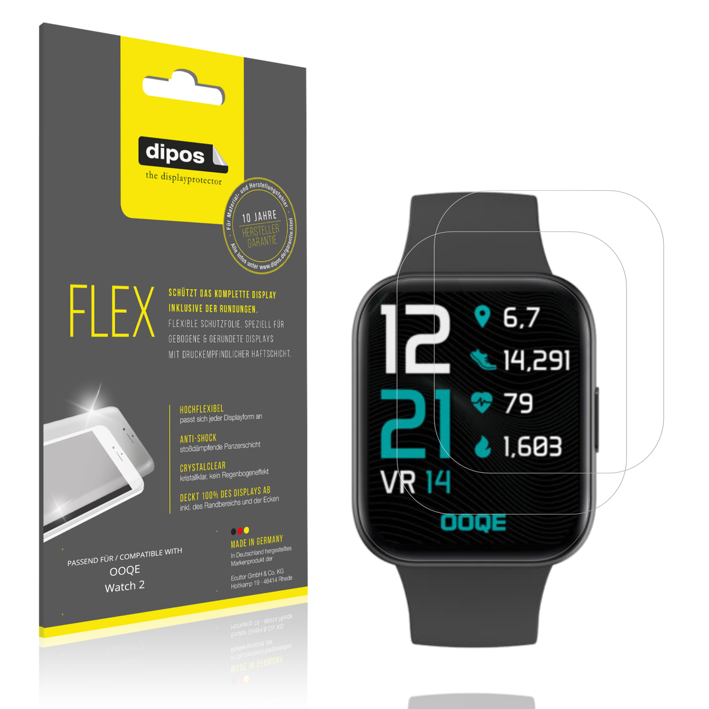 Klare Displayschutzfolie von dipos passend für OOQE Watch 2, 100% Displayabdeckung und blasenfreie Montage