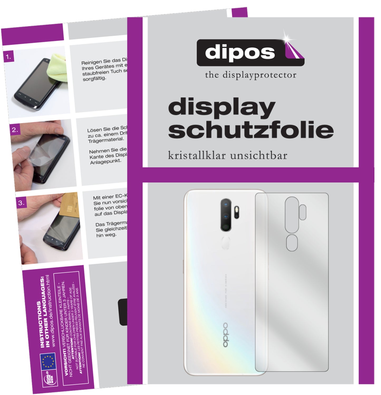 Klare Displayschutzfolie von dipos passend für Oppo A11x Rückseite, präziser Zuschnitt und blasenfrei montiert