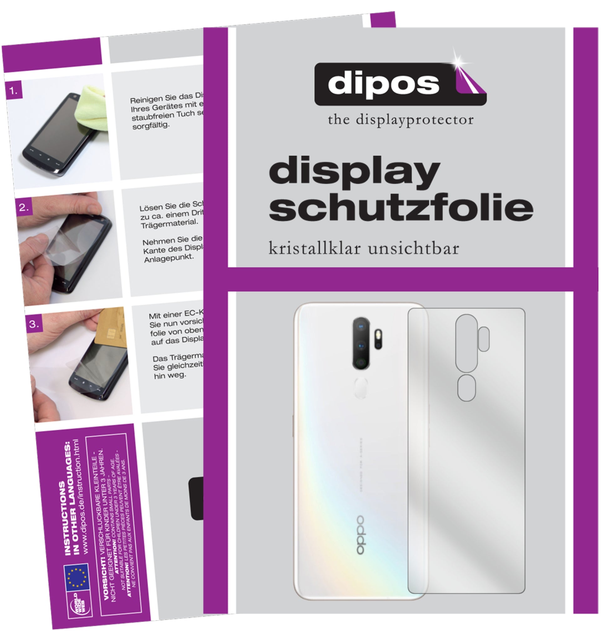 Klare Displayschutzfolie von dipos passend für Oppo A11x Rückseite, präziser Zuschnitt und blasenfrei montiert