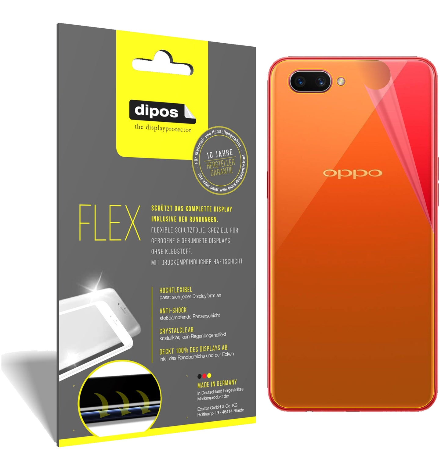 Klare Displayschutzfolie von dipos passend für OPPO A3S Rückseite, 100% Displayabdeckung und blasenfreie Montage