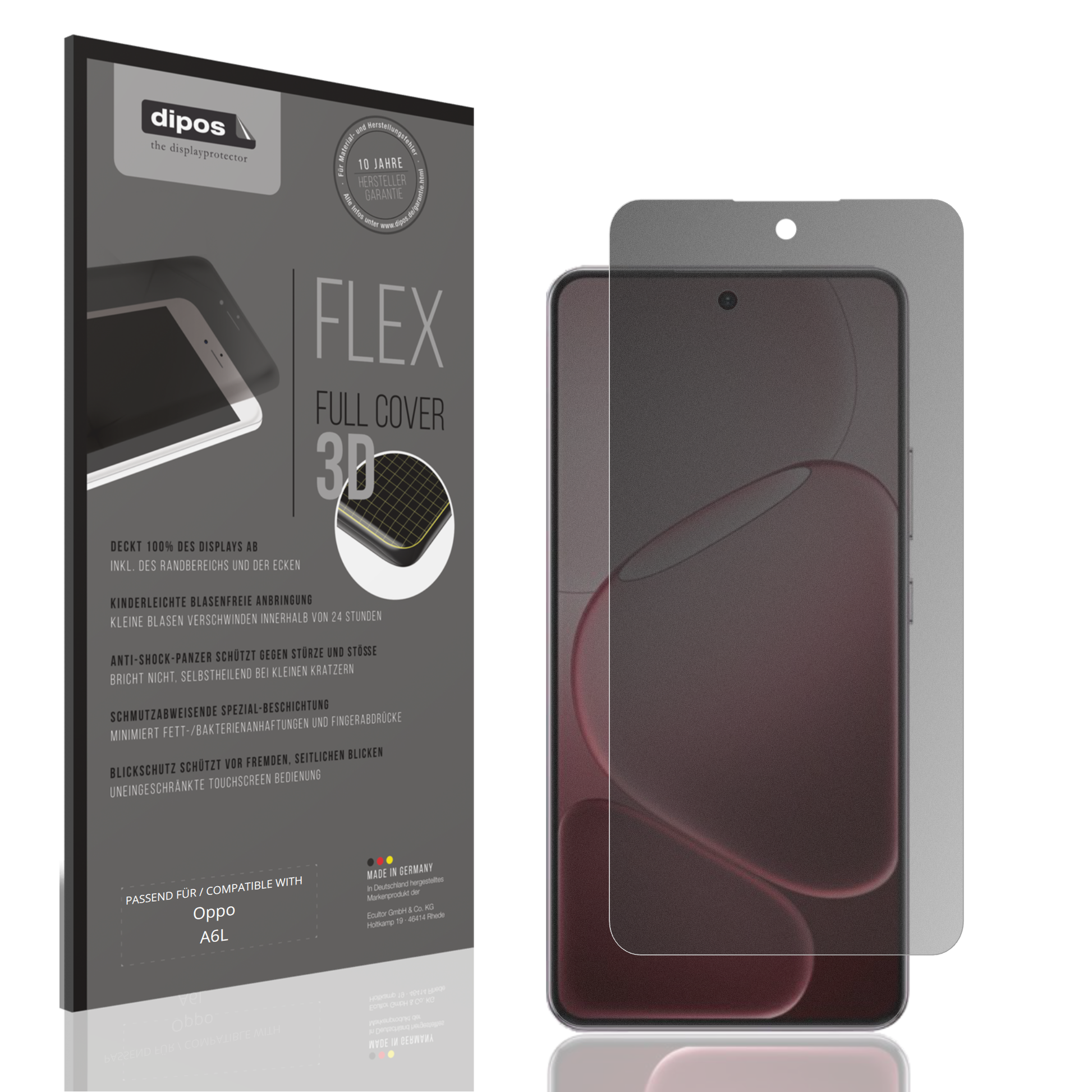 Blickschutzfolie von dipos passend für Oppo A6L, 100% Displayabdeckung und blasenfreie Montage