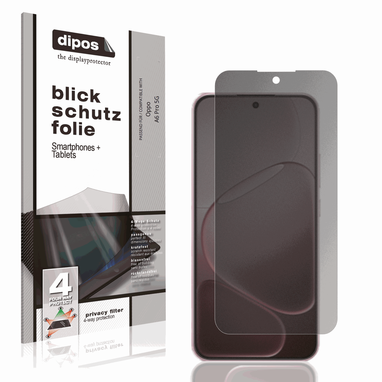Blickschutzfolie von dipos passend für oppoa6 pro 5g, präziser Zuschnitt und blasenfrei montiert