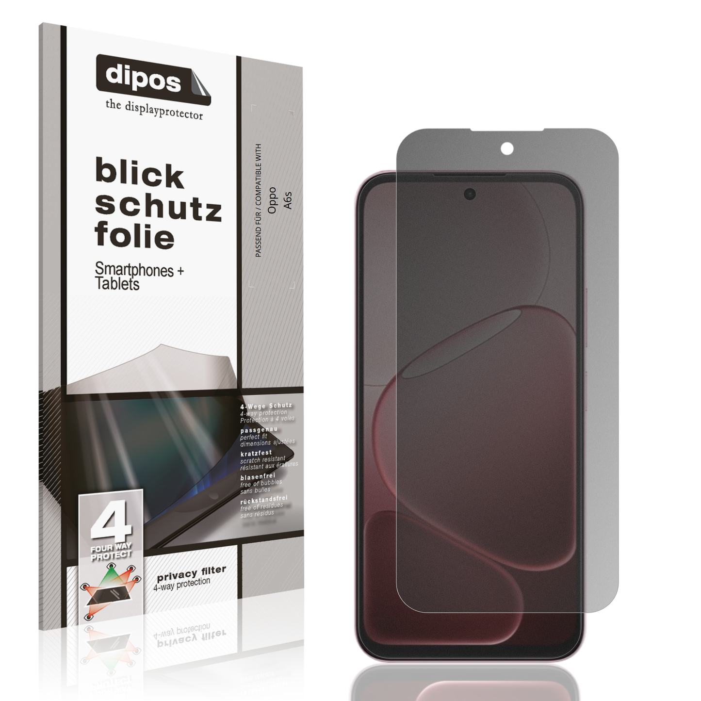 Blickschutzfolie von dipos passend für Oppo A6s, präziser Zuschnitt und blasenfrei montiert