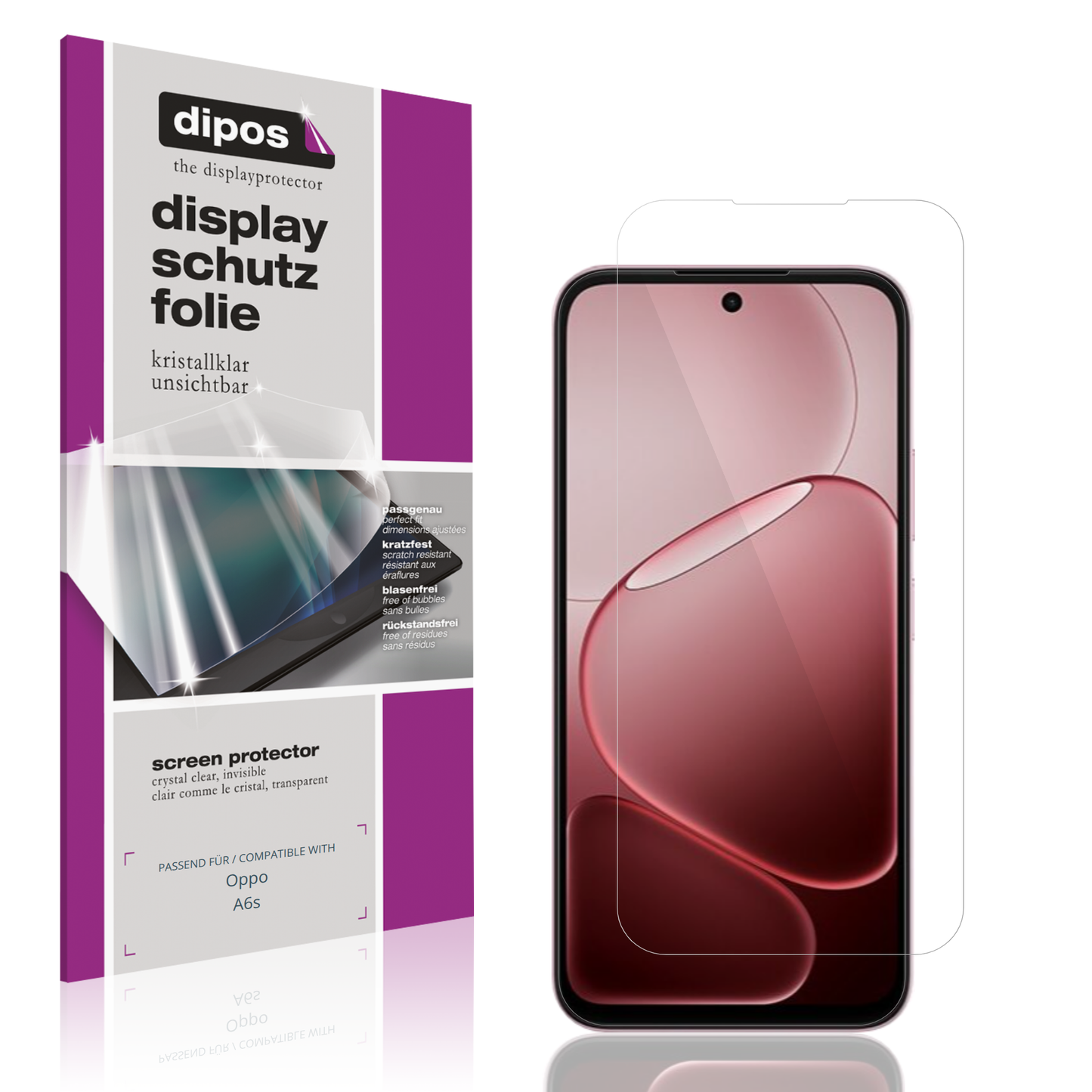 Klare Displayschutzfolie von dipos passend für Oppo A6s, präziser Zuschnitt und blasenfrei montiert