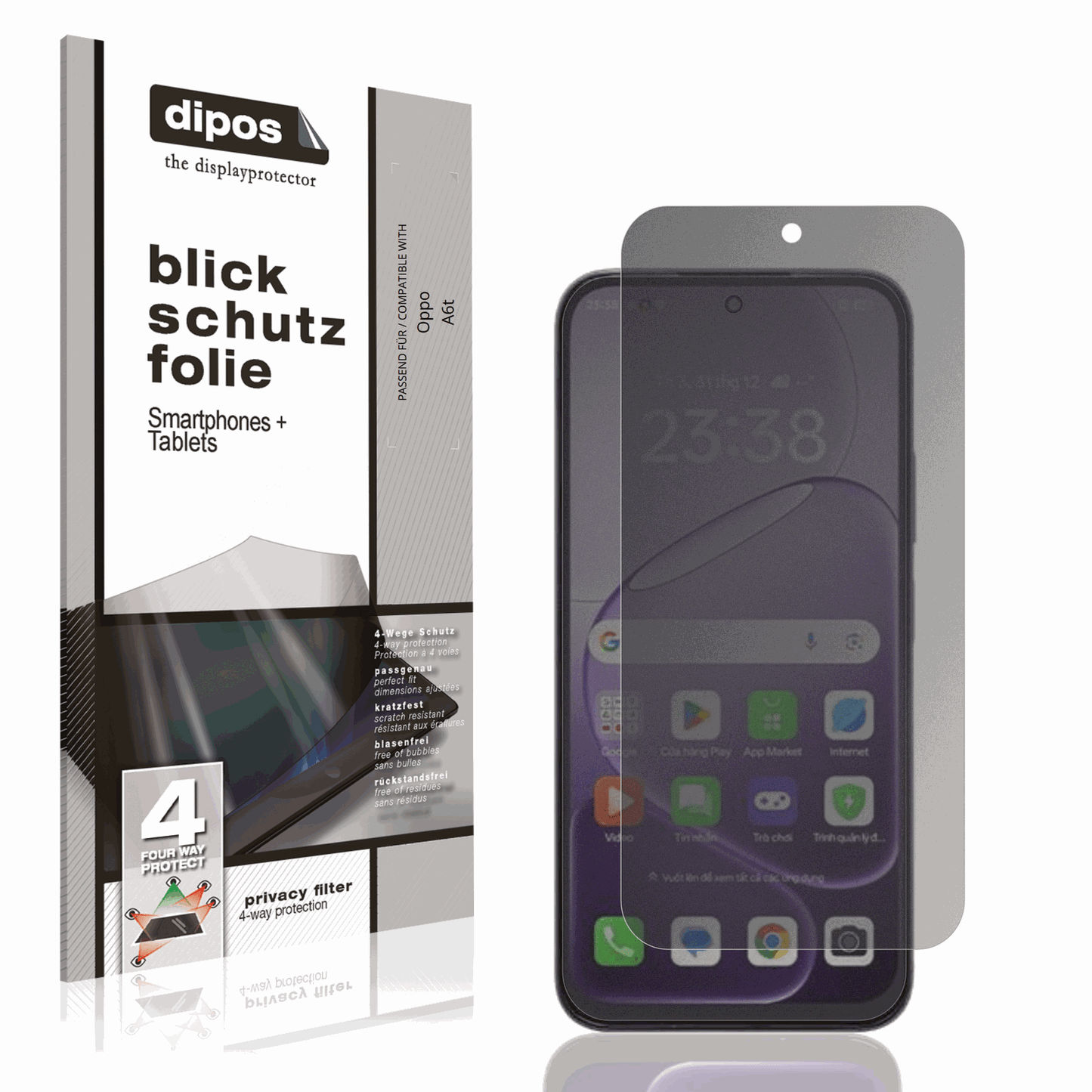 Blickschutzfolie von dipos passend für Oppo A6t, präziser Zuschnitt und blasenfrei montiert