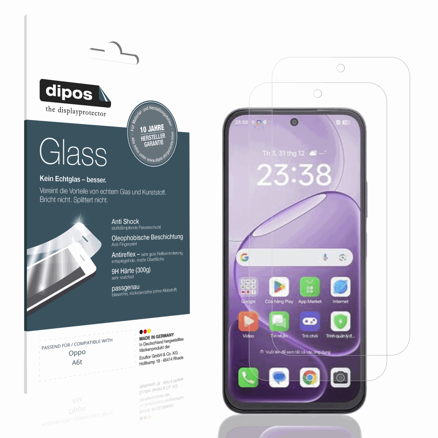 Matte Displayschutzfolie von dipos passend für Oppo A6t, 9H kratzfest und blasenfrei montiert