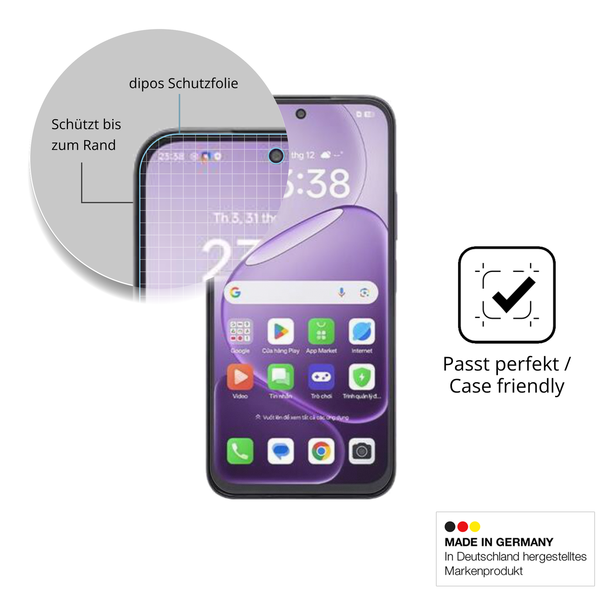 Schutzglasfolie mit optimaler Passform, zur Verwendung mit Hüllen geeignet