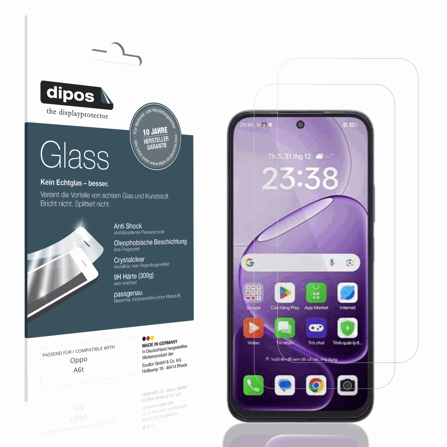 Klare Displayschutzfolie von dipos passend für Oppo A6t, 9H kratzfest und blasenfrei montiert