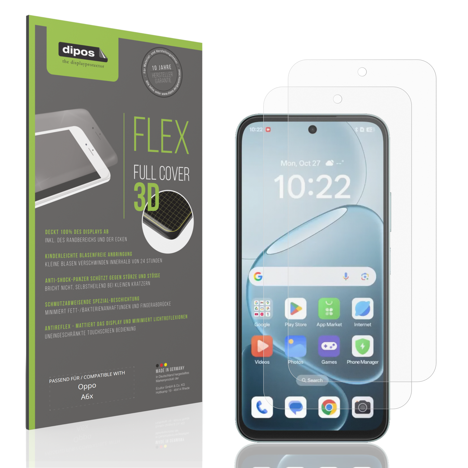 Matte Displayschutzfolie von dipos passend für Oppo A6x, 100% Displayabdeckung und blasenfreie Montage