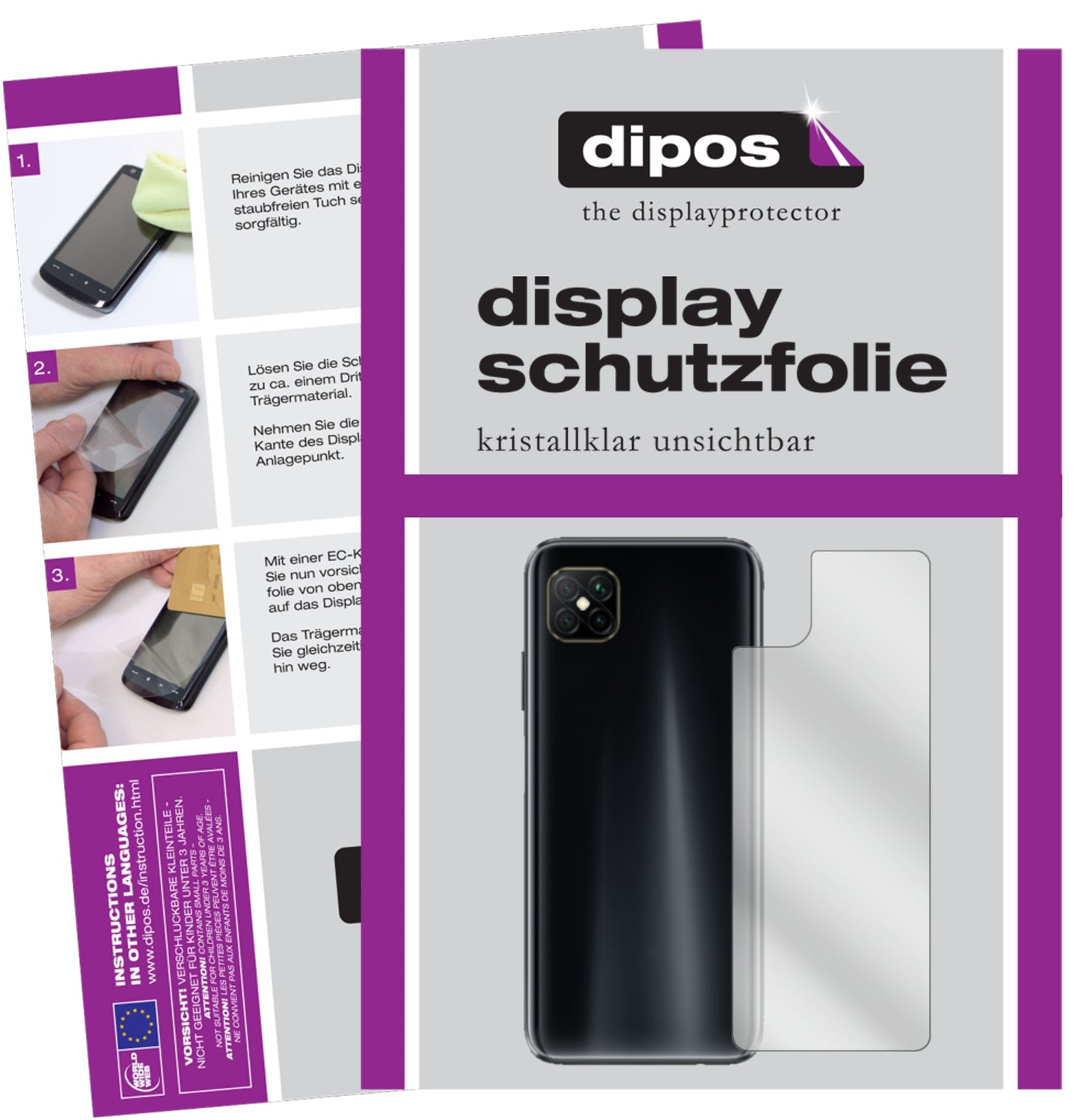 Klare Displayschutzfolie von dipos passend für Oppo A92s Rückseite, präziser Zuschnitt und blasenfrei montiert