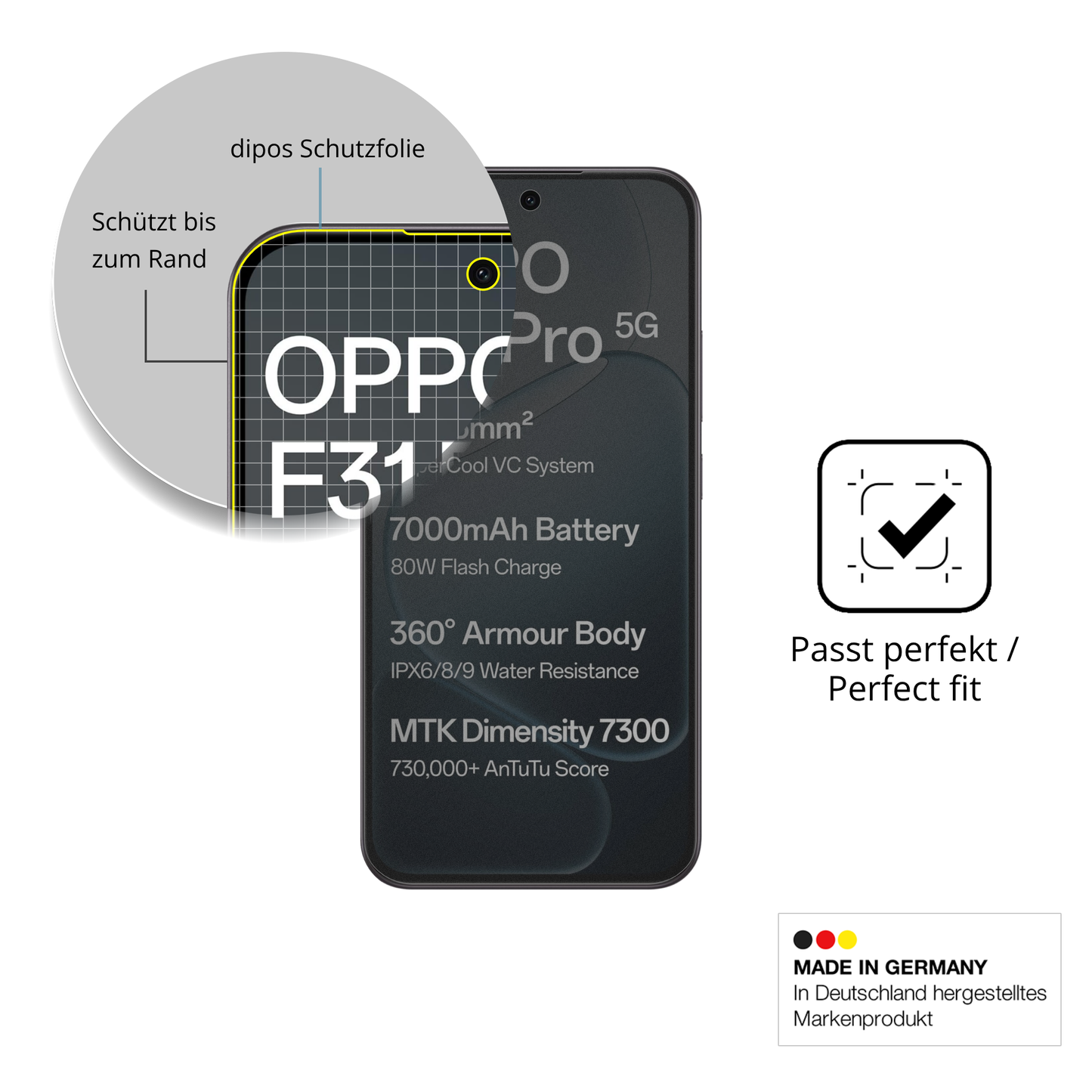 Schutz gegen Kratzer auf dem Oppo F31 Pro Glas durch Schlüssel, Stöße gegen die Tischkante oder Stürze