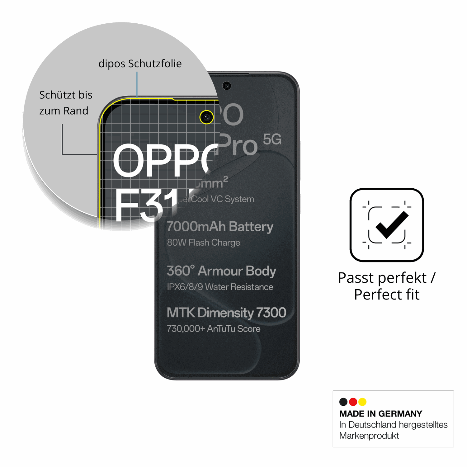 Schutz gegen Kratzer auf dem Oppo F31 Pro Glas durch Schlüssel, Stöße gegen die Tischkante oder Stürze