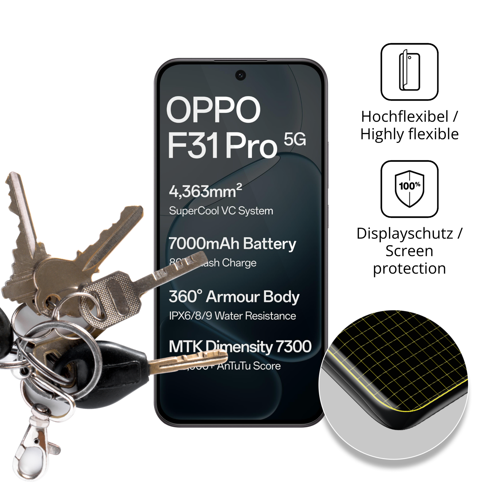 dipos Displayschutz für Oppo F31 Pro, transparente Oberfläche, geringe Dicke und perfekte Passform