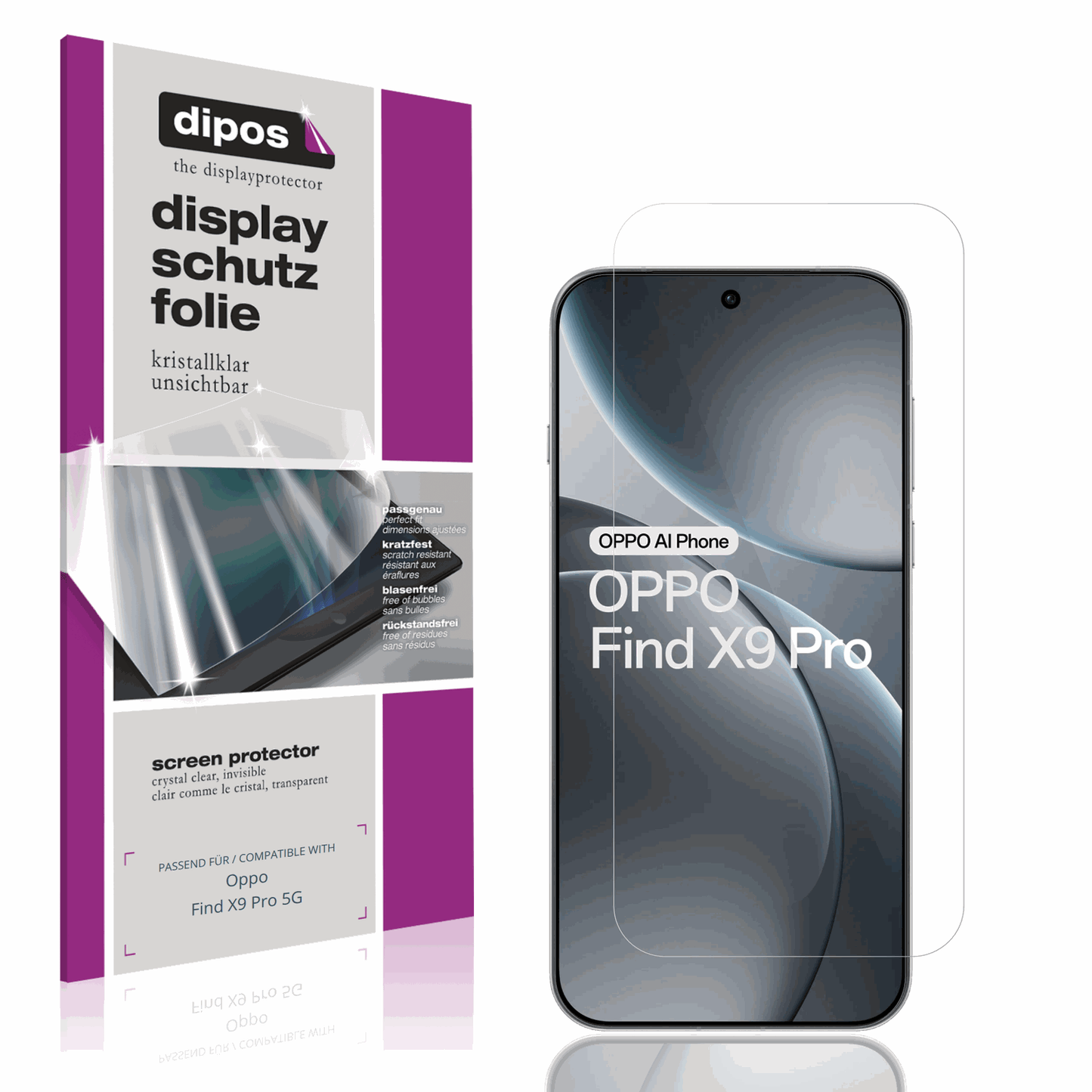 Klare Displayschutzfolie von dipos passend für oppofind x9 pro 5g, präziser Zuschnitt und blasenfrei montiert