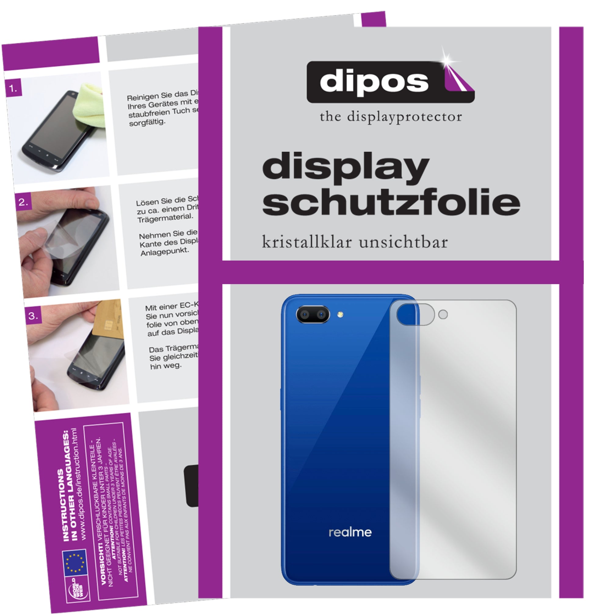 Klare Displayschutzfolie von dipos passend für Oppo Realme C1 (2019) Rückseite, präziser Zuschnitt und blasenfrei montiert