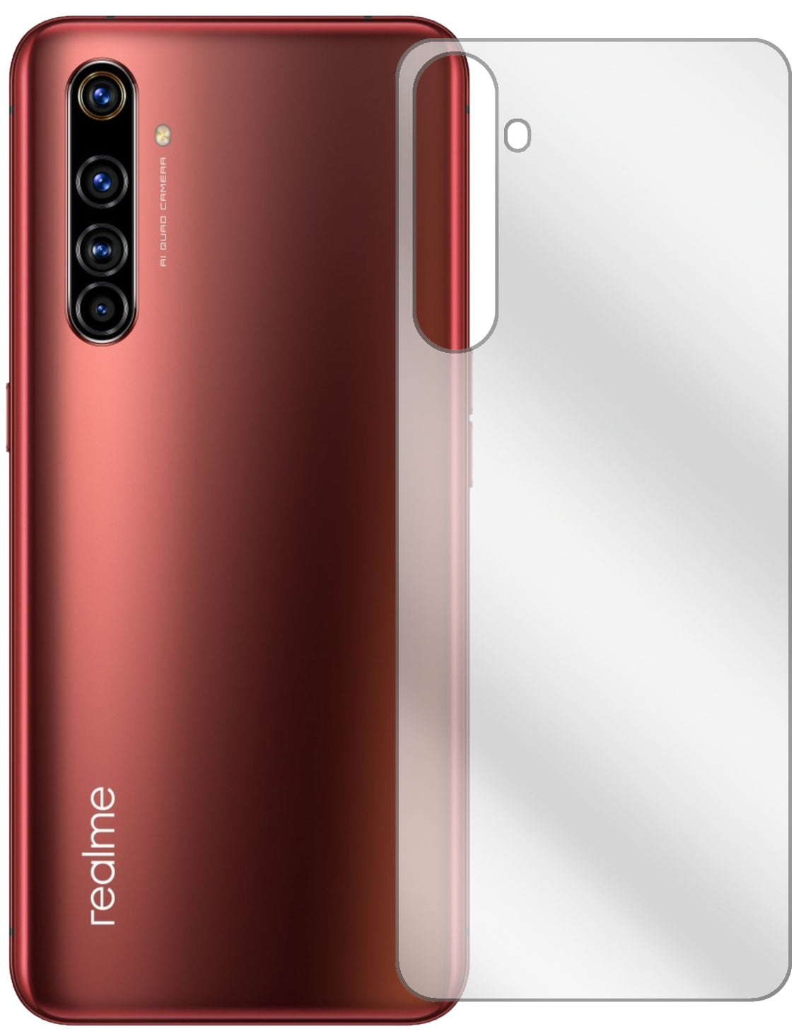 OppoRealme X50t 5G Rückseite mit aufgebrachter dipos Displayschutzfolie, glasklare Darstellung ohne Einschränkungen
