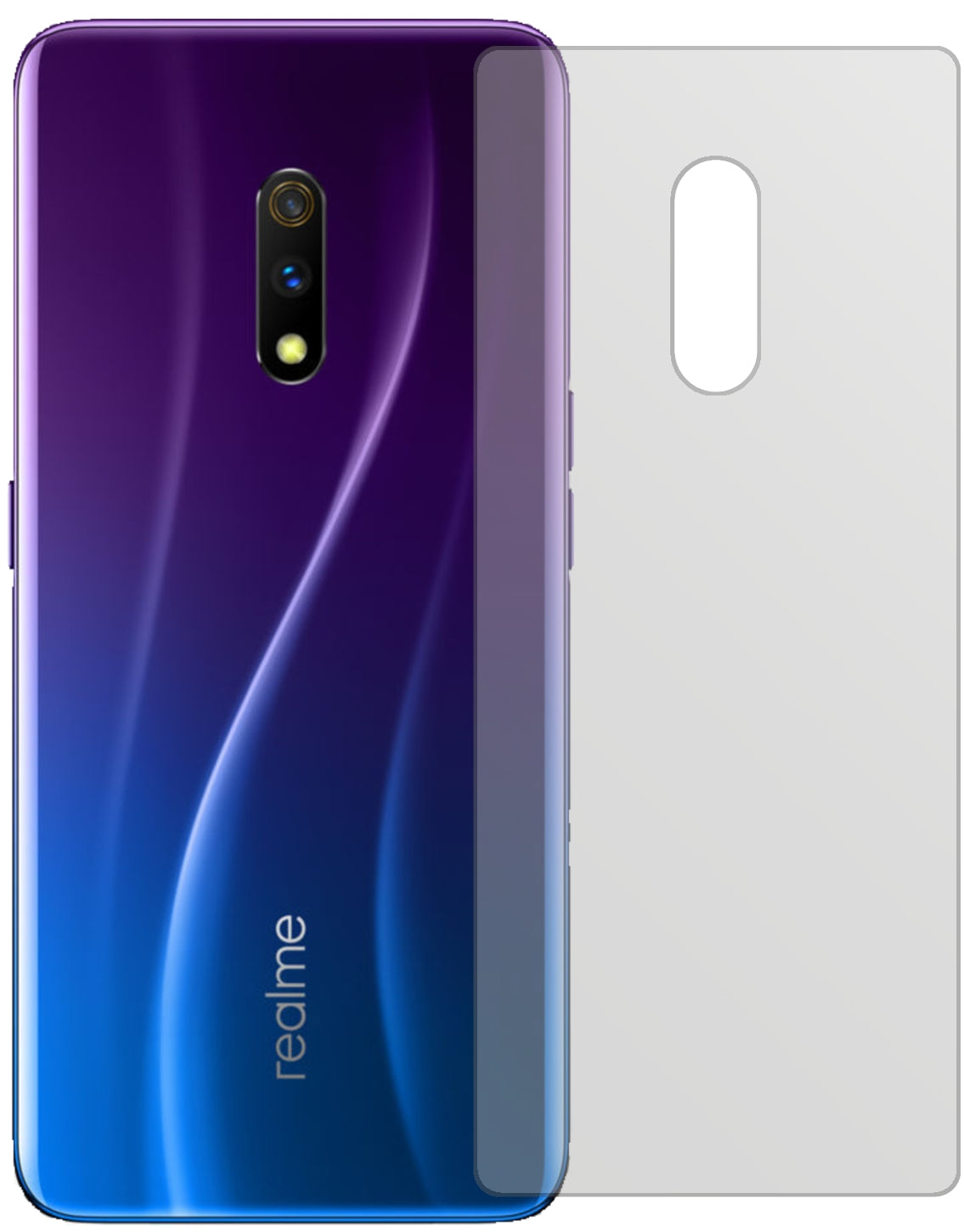 OppoRealme X Rückseite mit aufgebrachter dipos Displayschutzfolie, die lästige Fingerabdrücke minimiert