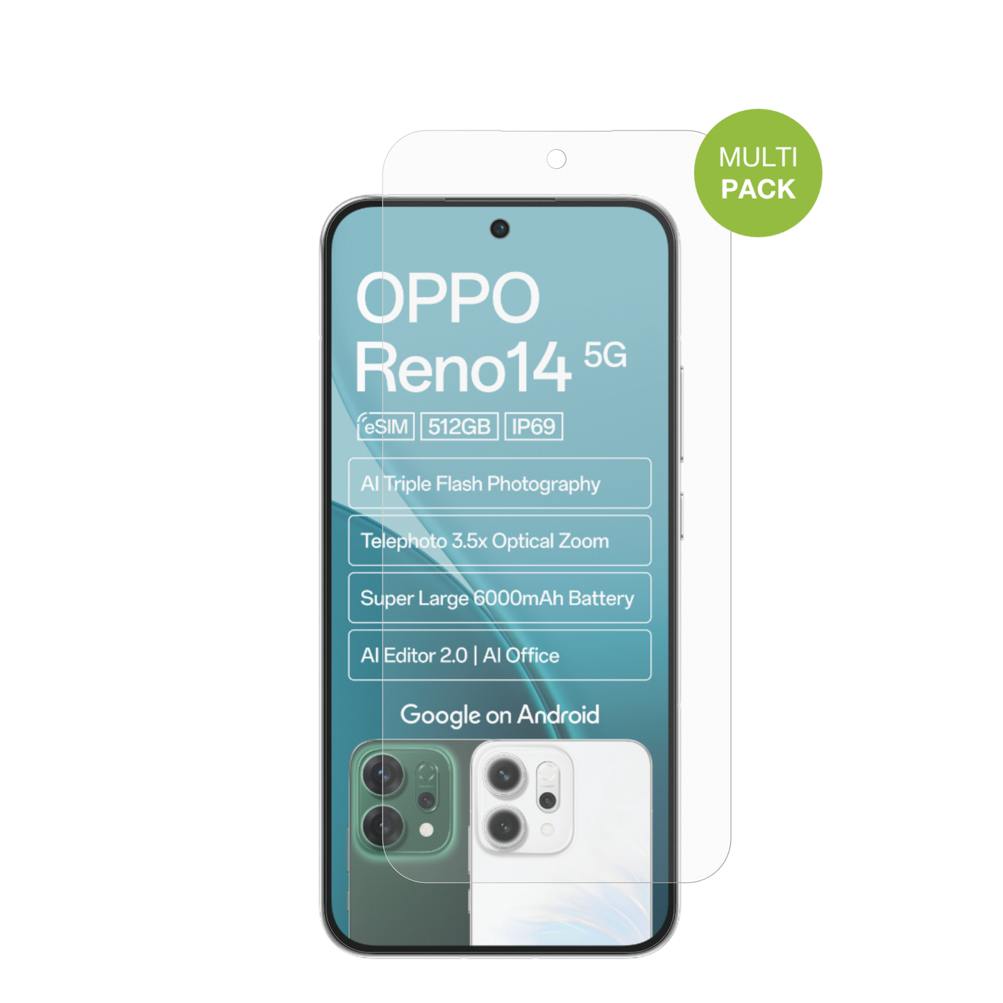 OppoReno14 5G mit aufgebrachter dipos Displayschutzfolie, die lästige Fingerabdrücke minimiert