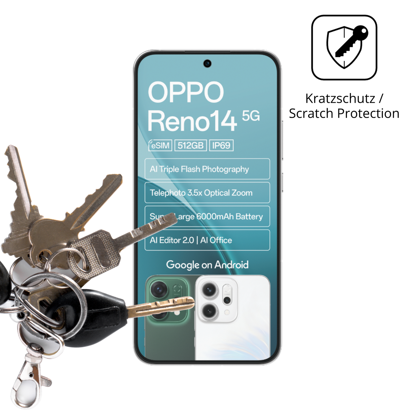 Schutz gegen Kratzer auf dem Oppo Reno14 5G Glas durch Schlüssel oder Ähnliches