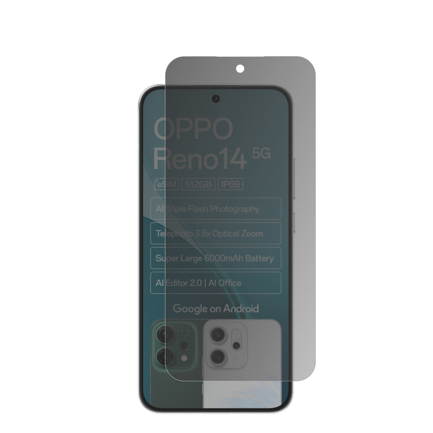 OppoReno14 5G mit aufgebrachtem dipos Displayschutz, der seitliche Einblicke blockiert