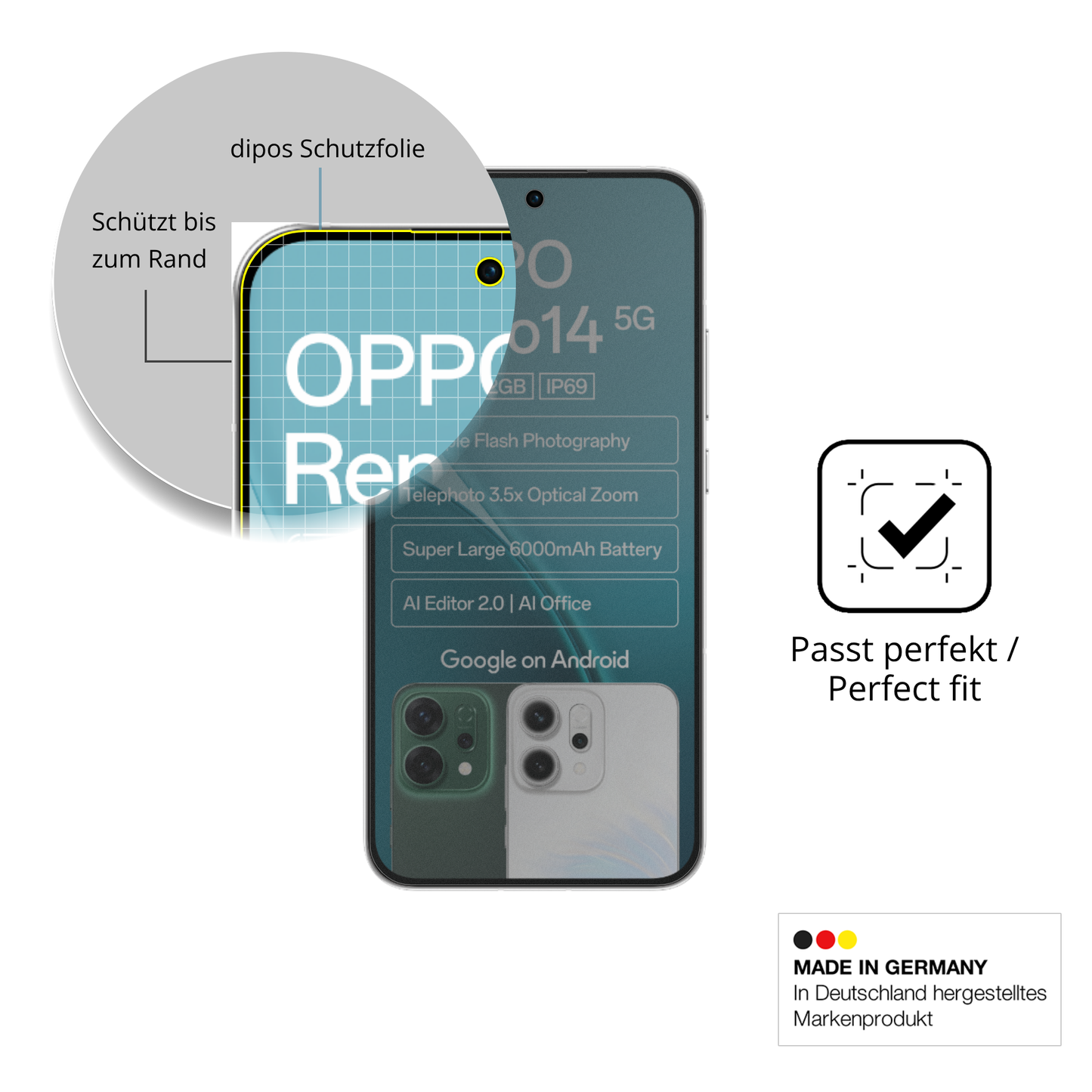 Schutz gegen Kratzer auf dem Oppo Reno14 5G Glas durch Schlüssel oder Ähnliches