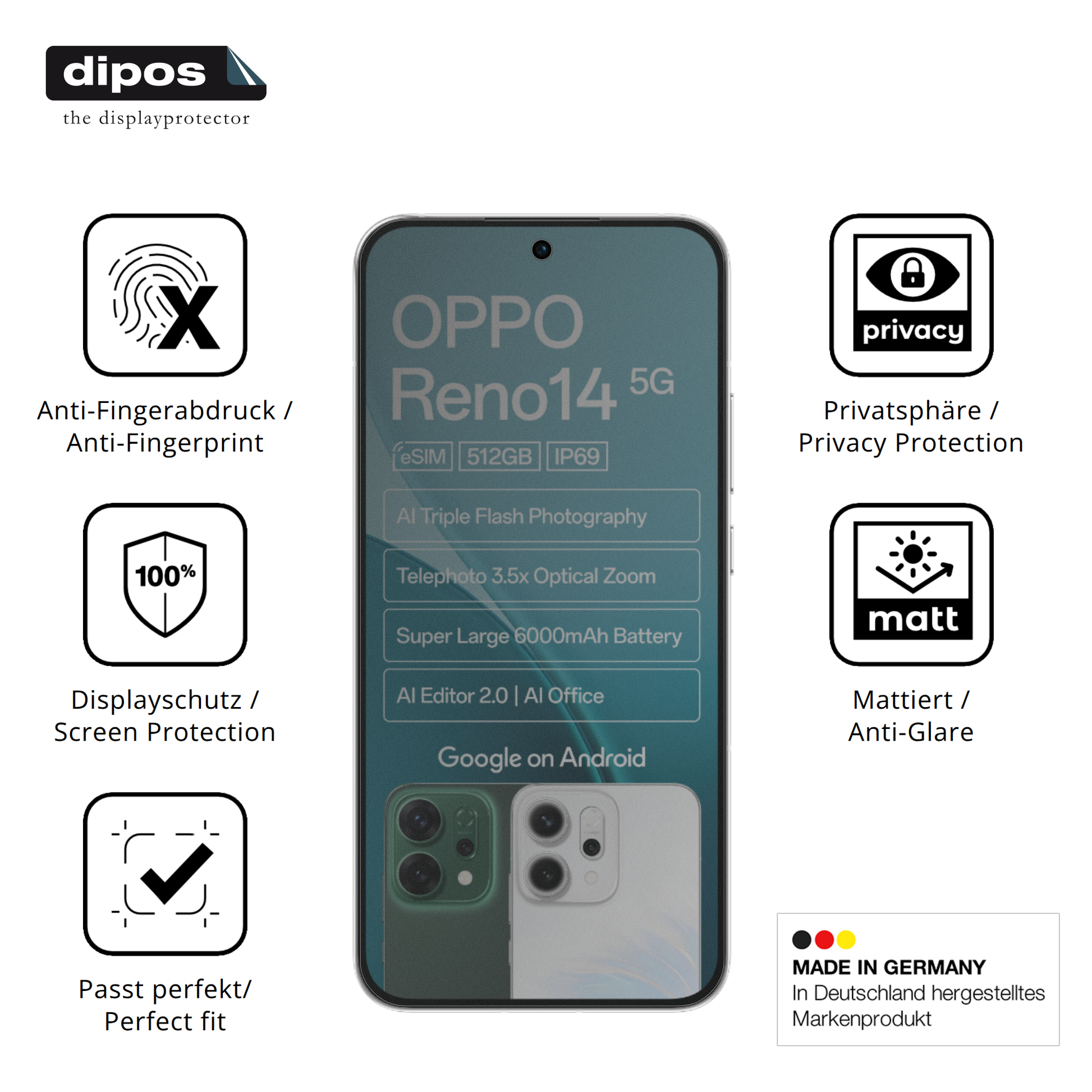 Privatsphäre-Schutz durch Sichtschutz-Folie passend zugeschnitten für Oppo Reno14 5G