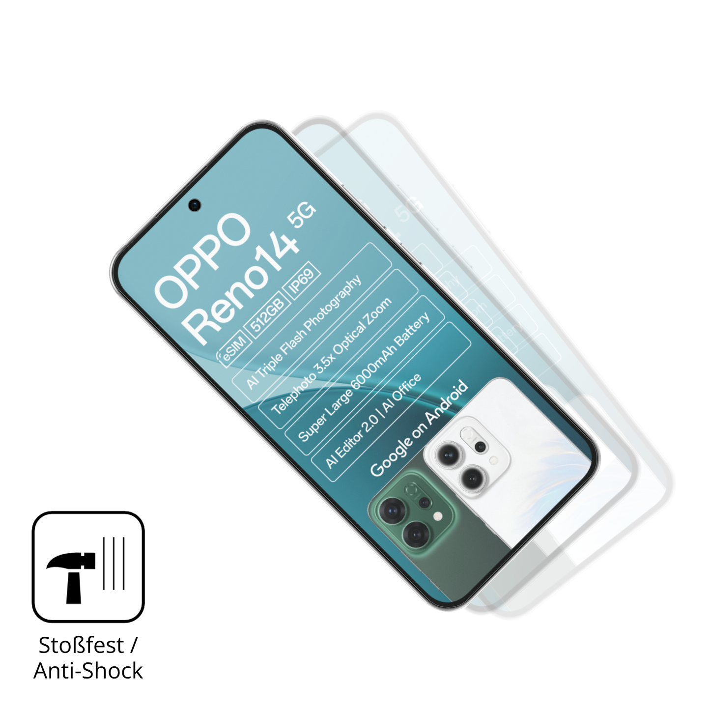 Schutz gegen Kratzer auf dem Oppo Reno14 5G Glas durch Schlüssel, Stöße gegen die Tischkante oder Stürze