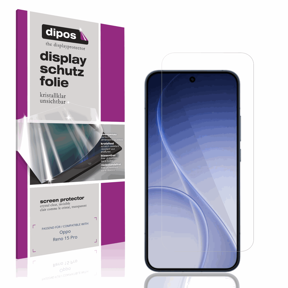 Klare Displayschutzfolie von dipos passend für Oppo Reno 15 Pro, präziser Zuschnitt und blasenfrei montiert